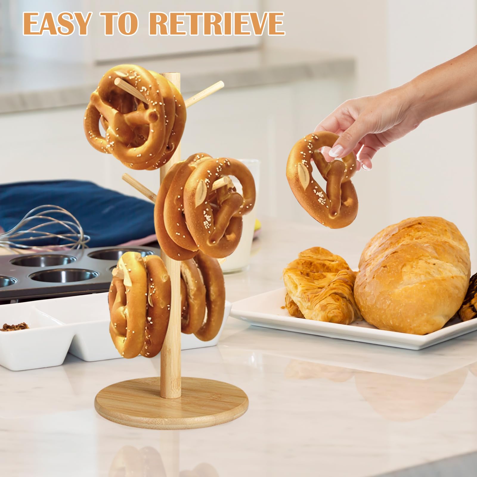 2 Stück Brezelständer, Holz Brezelhalter in Baumform, Donut Ständer Snack Display, 6-armig, Höhe 35cm, für Brezeln Würste Laugenbrot, Küchen,Cafés,Bäckereien,Restaurants (Runder Sockel)