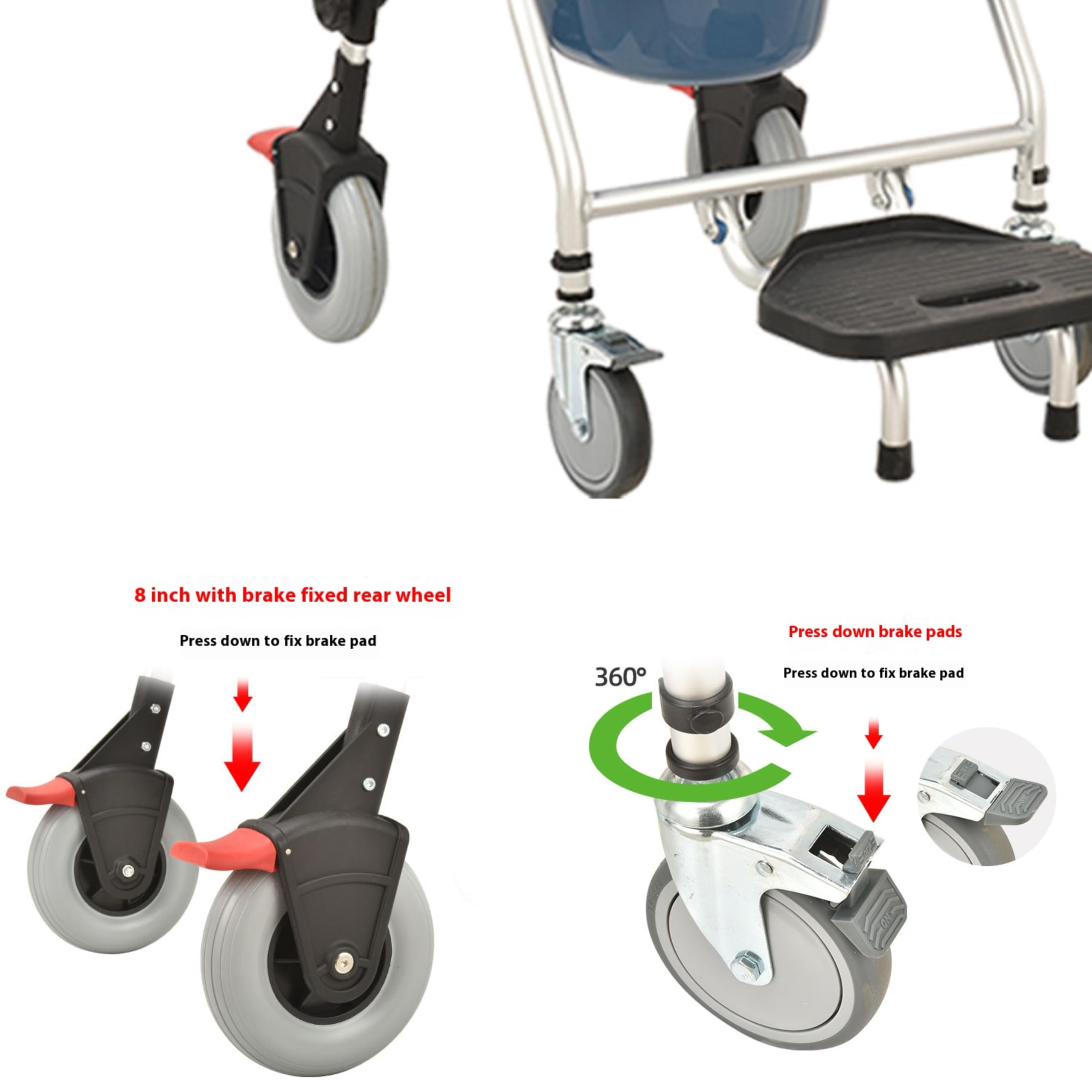 Silla de inodoro plegable portátil 3 en 1, silla de ruedas, cama plegable con bandeja y 4 ruedas con bloqueo(B)