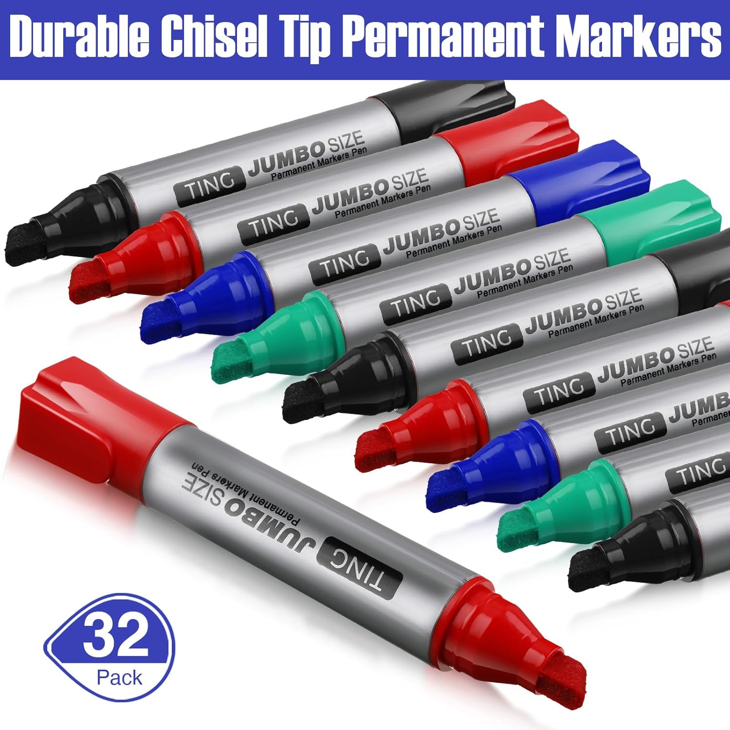Fuutreo 32 Pcs Jumbo Permanent Markers Bulk Large Chisel Tip Permanent Markers Waterproof Jumbo Pens Quick Drying Office Supplies(Black, Green, Blue, Red)