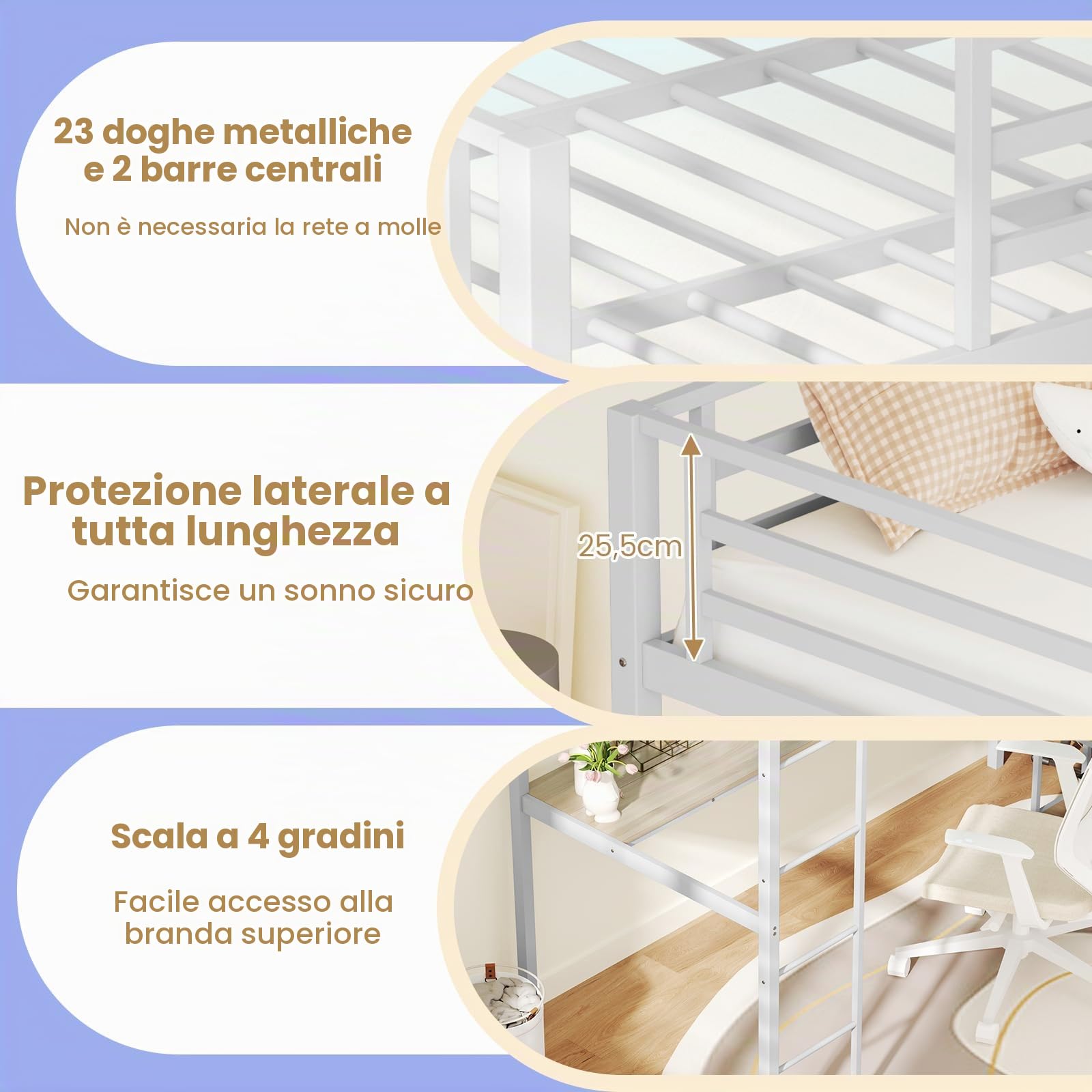 LIFEZEAL Struttura Letto a Soppalco con Scrivania, Luci, Multipresa, Barriere di Sicurezza, 90x200cm, Letto a Castello in Metallo, Rete a Doghe, Remoto Controllo, Illuminazione, Cameretta, Argento