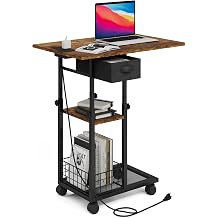 Hayexiha Adjustable C Shaped End Table with Wheels, Power Outlet and Drawer