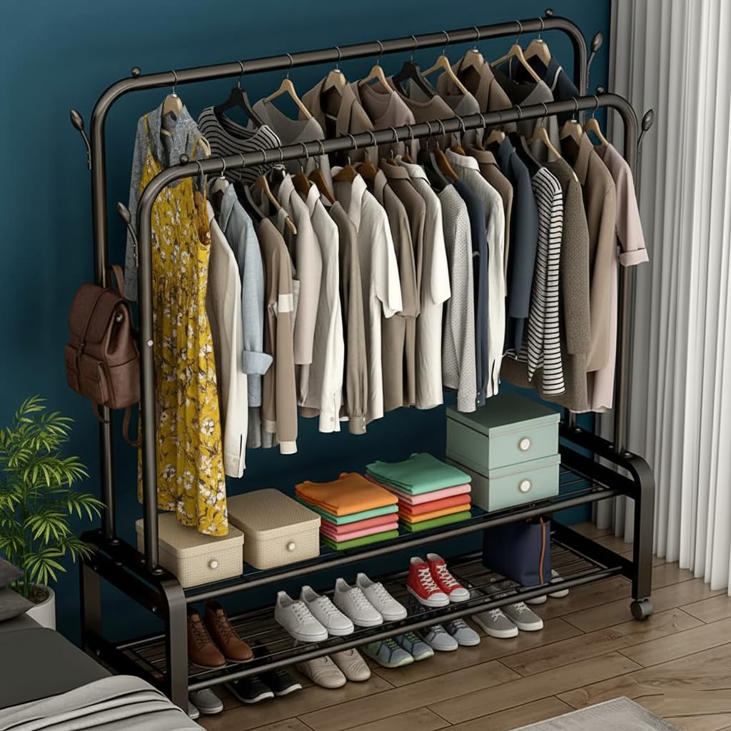 KRISHYAM® Heavy Duty Clothes Rack with Wheels, 3-in-1 Metal Garment Rack, Portable Wardrobe Organizer with 2-Tier Storage Shelves & Coat/Hat Hooks for Clothes, Coats, Shirts, Sweaters, Skirts, (Black)