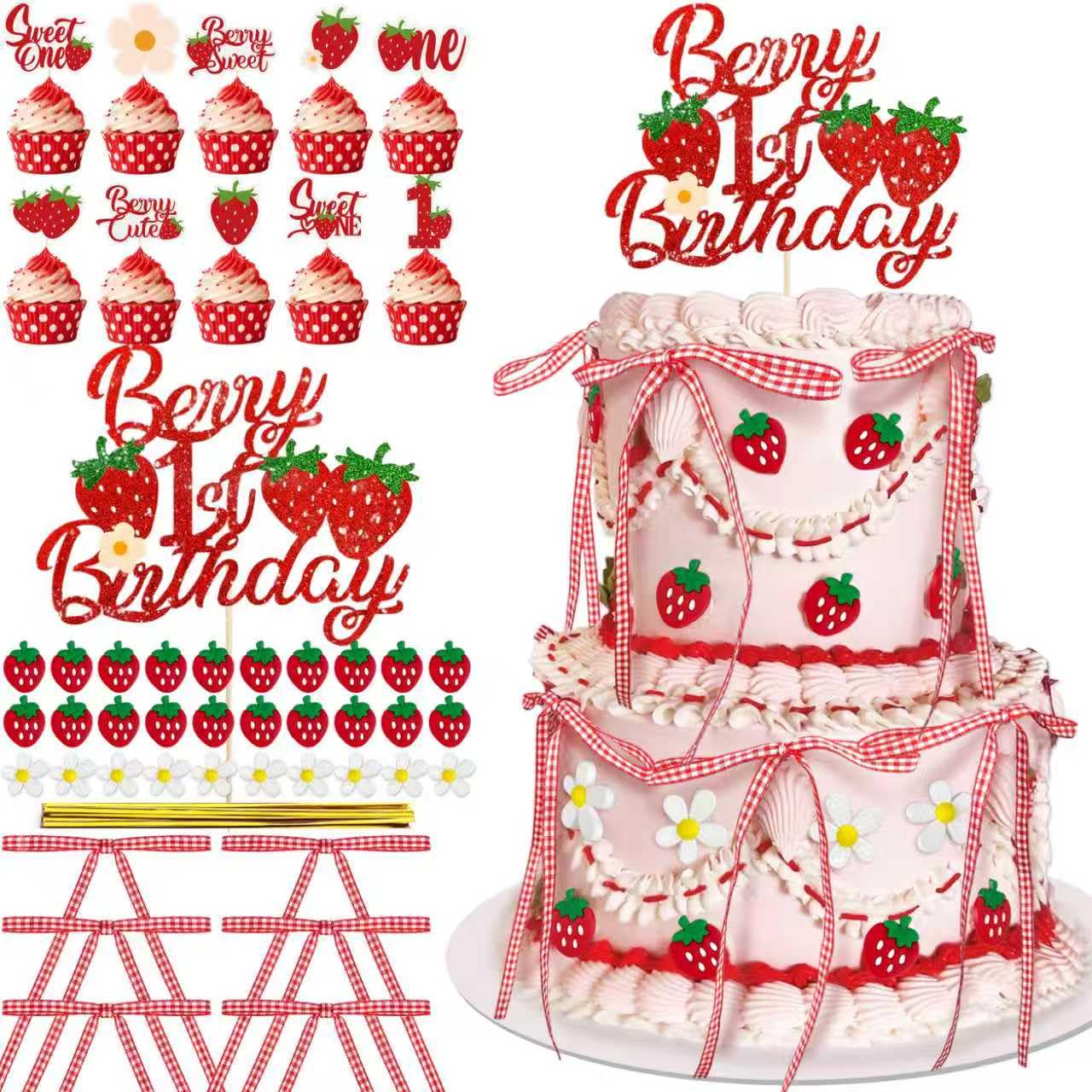 62PCS 1st Strawberry Bow Cake Decorations Set Happy Birthday Strawberry Cake and Cupcake Topper for Baby Shower First Birthday Party Decorations