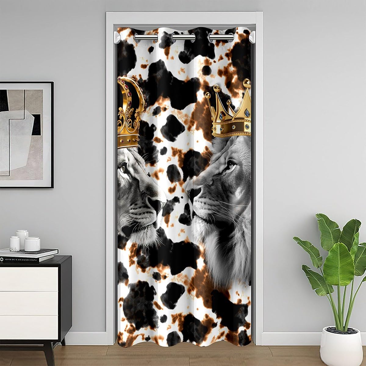 richhome Gray Lion Couple Door Curtain Black Brown White Cowhide Print Doorway Curtain Privacy for Kids Teens Adults Wild Jungle Animals Rustic Style Door Drape for Bedroom Closet Door 42" W X 80" L