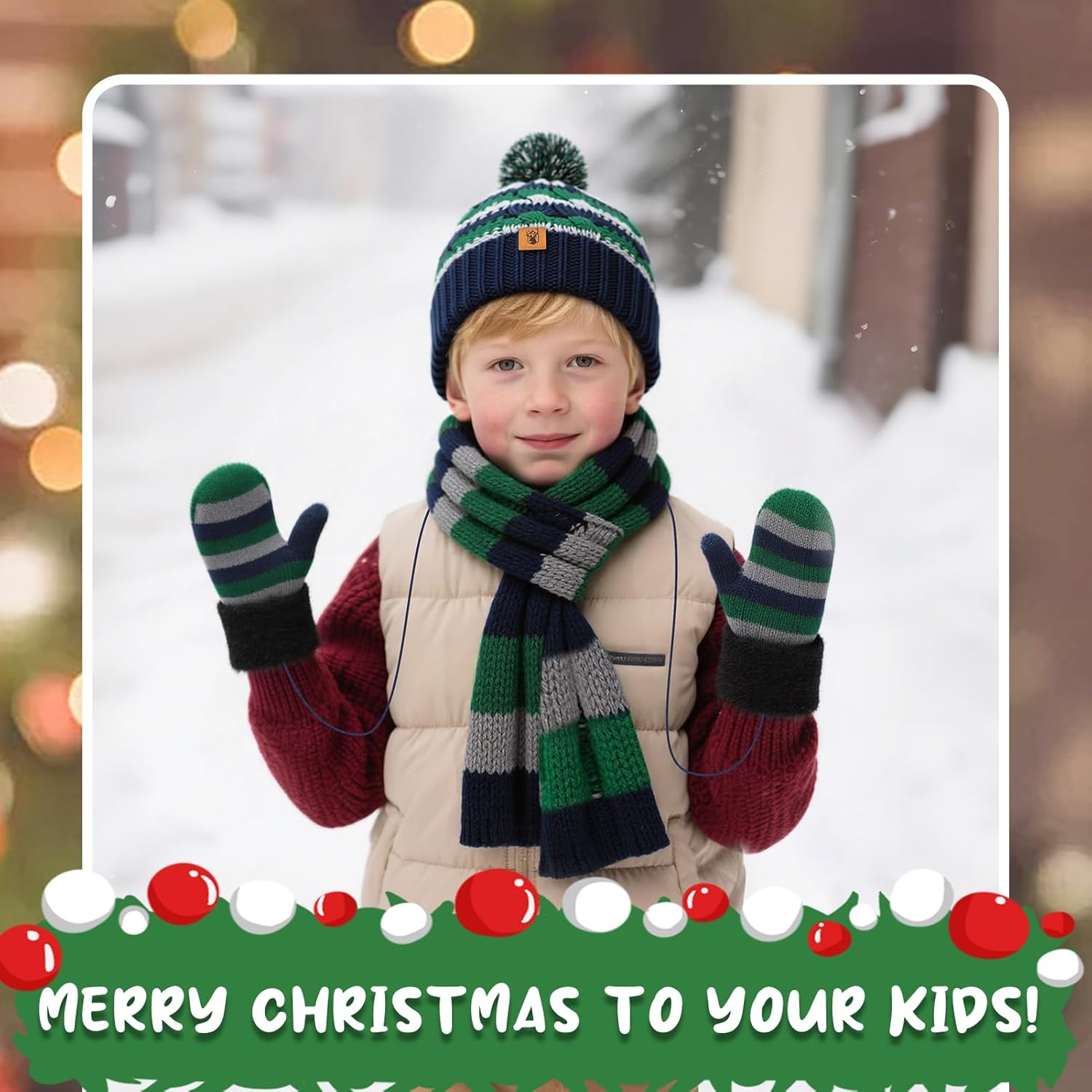 Kids Winter Pompom Beanie Hat Scarf Gloves Set for Boys&Girls Age 3-8, Fleece Lined Skull Cap Neck Warmer Mitten Set - Image 6