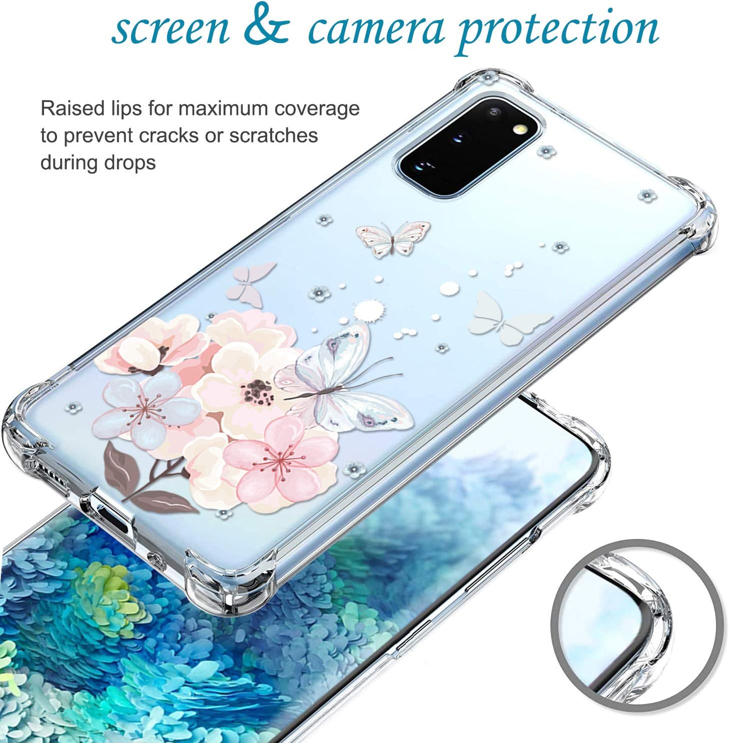 JAHOLAN Galaxy S20 FE Case Clear Cute Girl Flower Design Flexible Bumper TPU Soft Rubber Silicone Cover Phone Case for Samsung Galaxy S20 FE 5G 6.5 inch - Butterfly Flower Pink