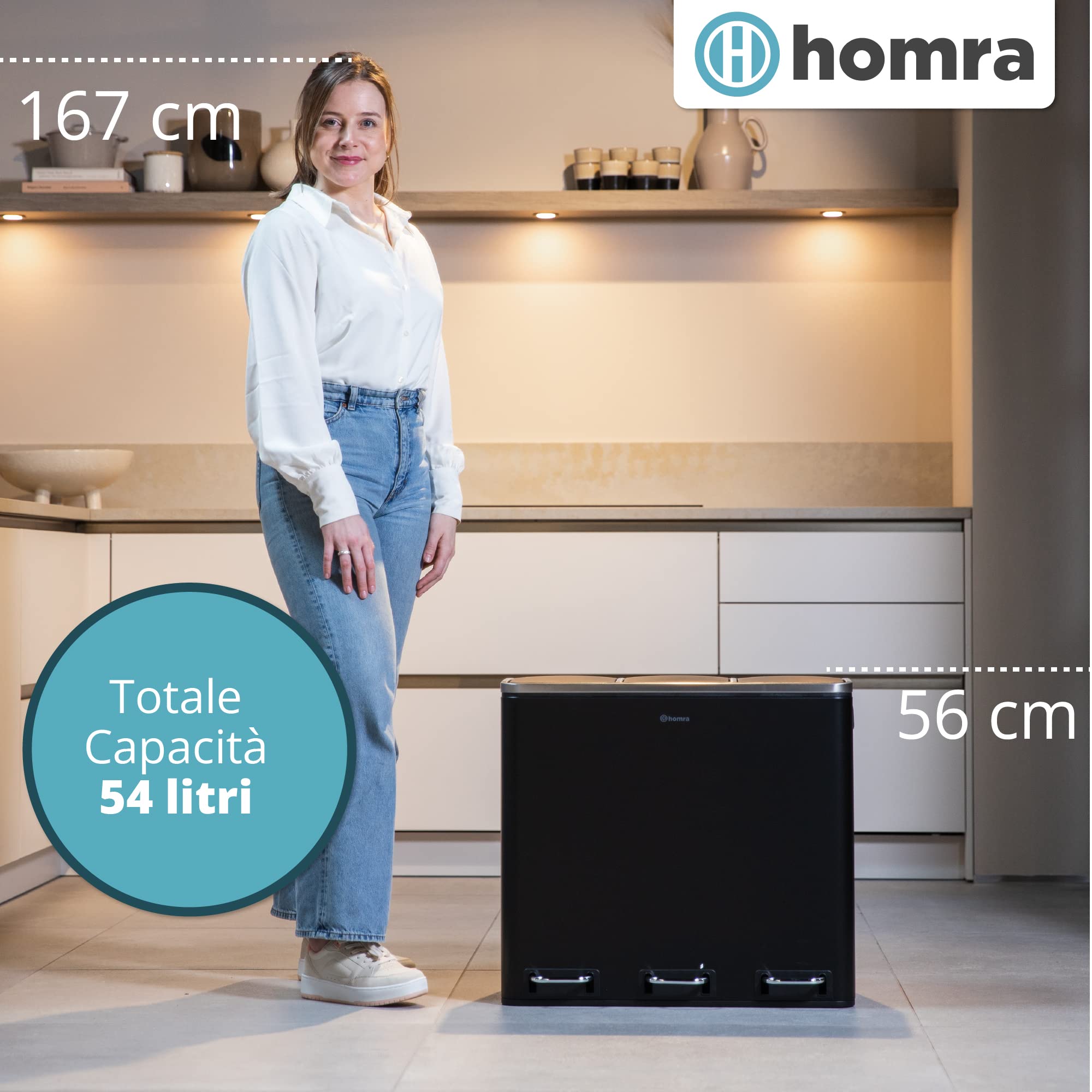 Homra Cestino Spazzatura Sparq da 54L - Pattumiera Differenziata 3 Scomparti - Secchio Spazzatura 3x18 litri - Pattumiera con Pedale in Acciaio Inox - Sistema Differenziata 3 Contenitori in 1. Nero