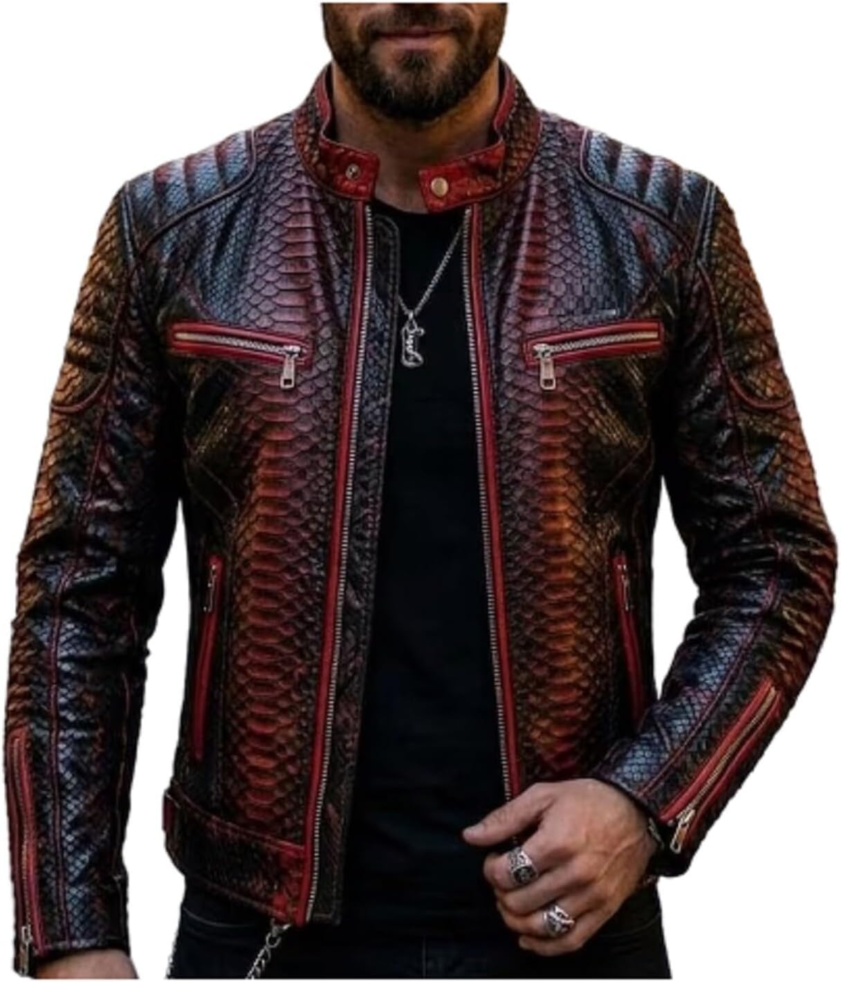 Mens Premium Leather Snake Print Textured Motorcycle Jacket - Red & Black Exotic Cafe Racer Biker Coat
