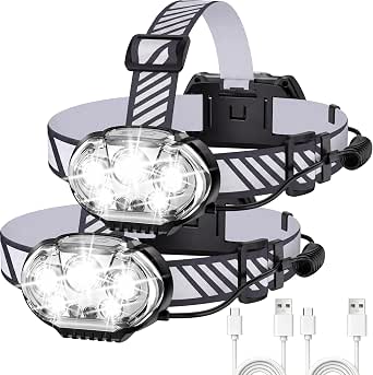 MIOISY Rechargeable LED Headlamp 2 Pack - Super Bright, Adjustable, Waterproof, Motion Sensor