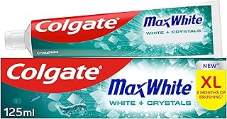 Colgate Max White White + Crystals Toothpaste 125ml - Teeth whitening Toothpaste - restores Natural Whiteness - 10x Longer Lasting Cooling Than Regular Fluoride Toothpaste - Fights Cavities