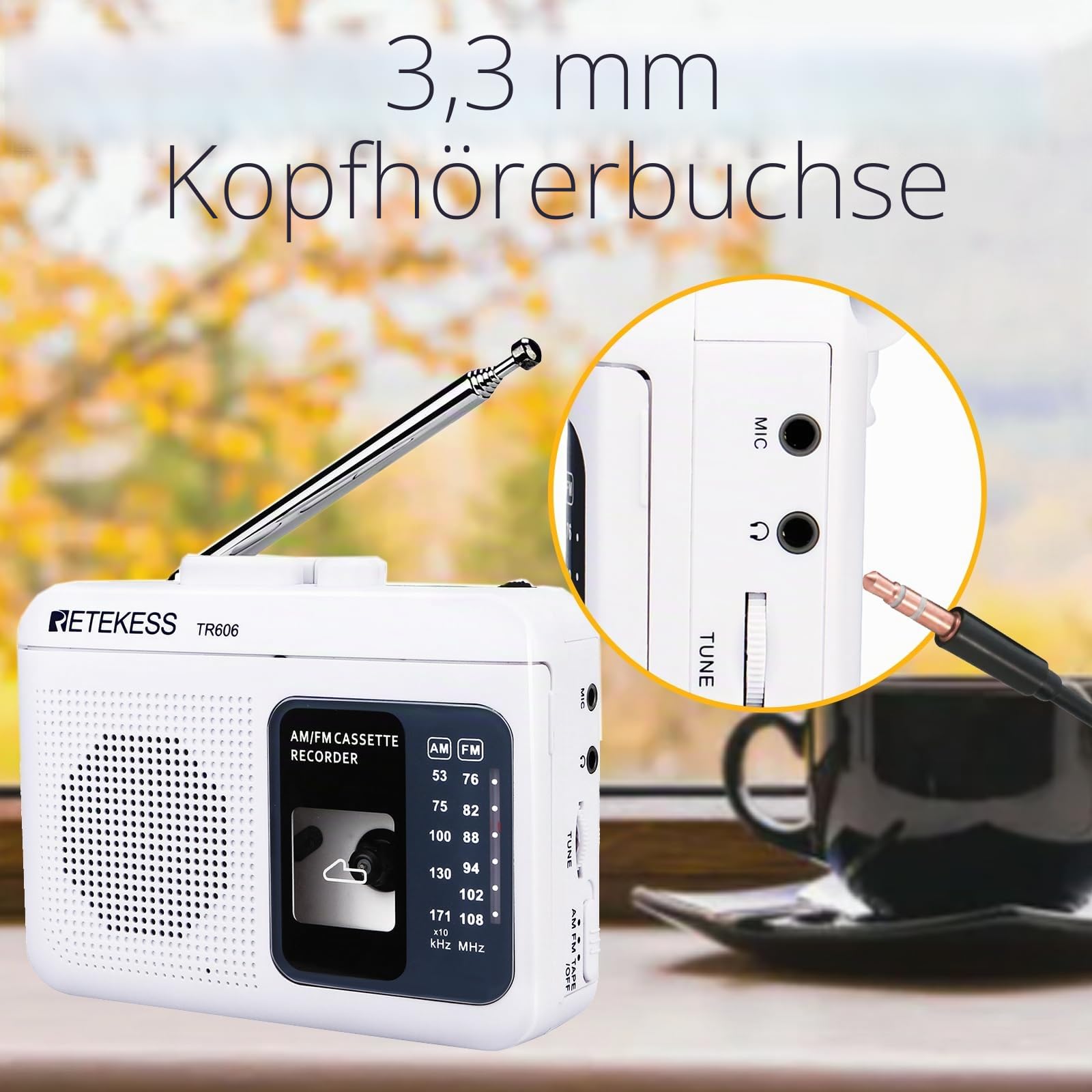 Retekess TR606 Tragbare Kassettenspieler,Tape Recorder,Kleines FM AM Radio,3,5 mm Kopfhöreranschluss,Schneller Vor- und Rücklauf,Alte Kassetten abspielen(Weiß)