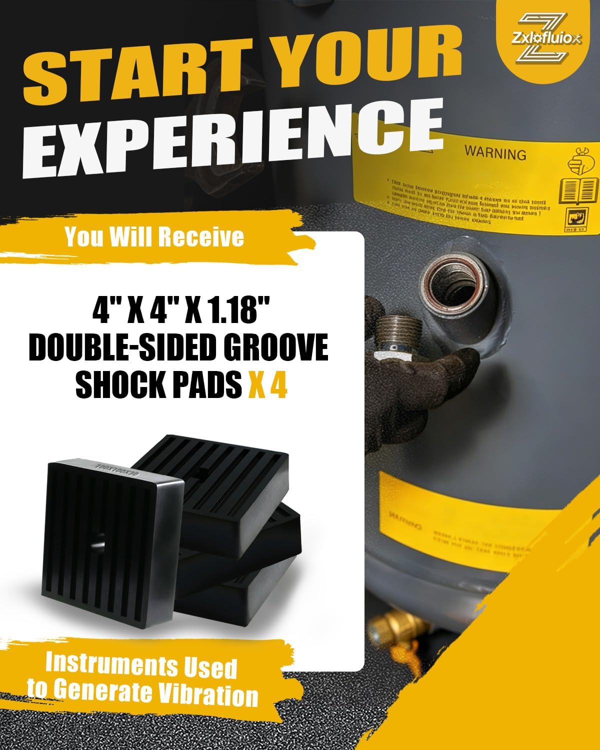 4 Pack 4"x4"x1.18" Double-Sided Groove Shock Pads for Air Compressor | Upgraded Solid Rubber Heavy-Duty Anti-Vibration Pads, Reduce Noise by< 15% to 20%, Reserved Screw Hole Positions