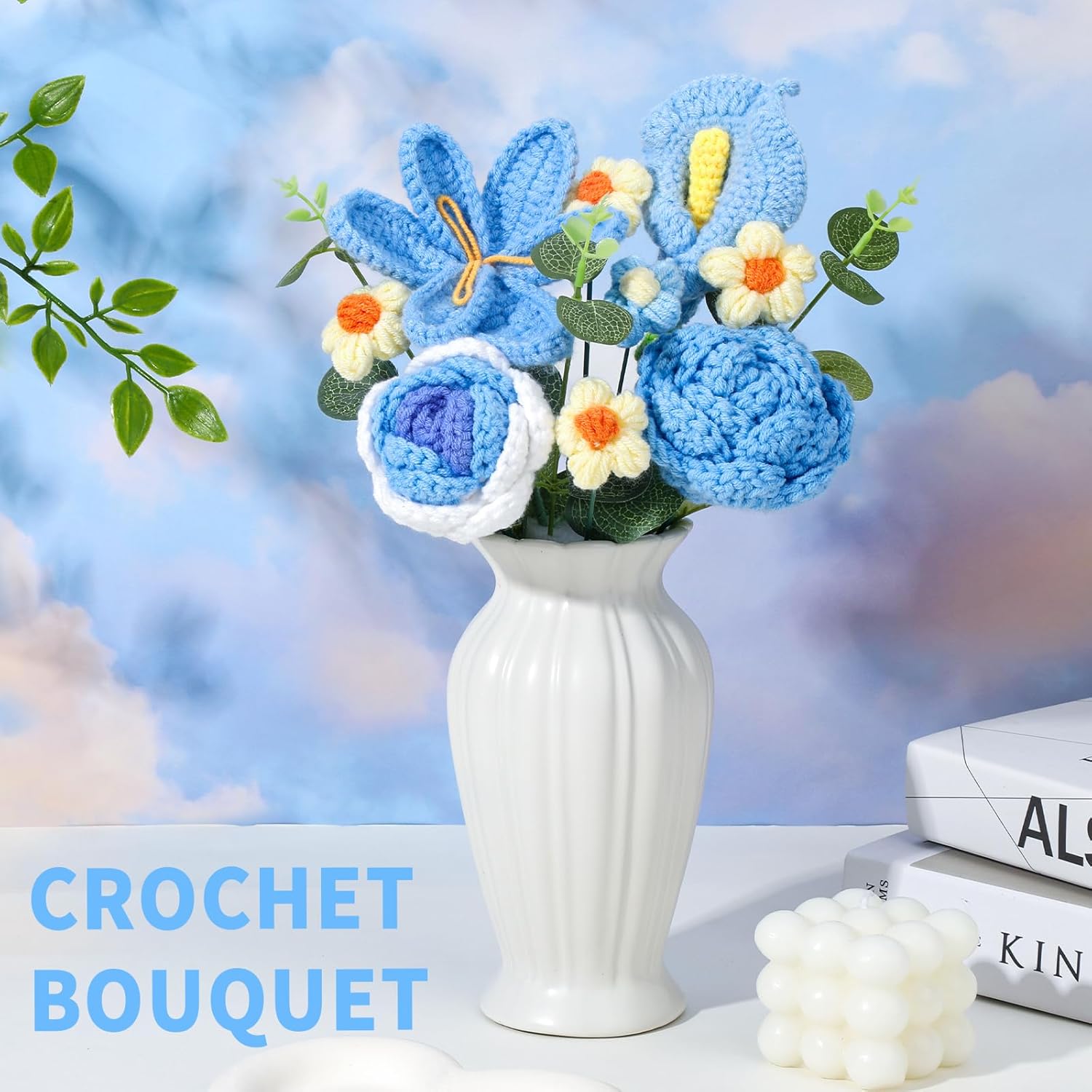 Crochet Flowers Bouquet, Handmade Crochet Flowers Knitted Bouquet, Tulips Flower Bouquet and Calla Lily for Valentine Flowers, Gifts for Women, Birthday (Blue)