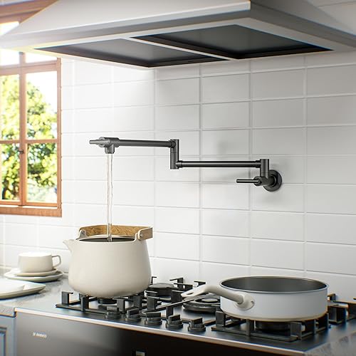 Miniatura 57 de WOWOW Grifo de llenado de ollas de níquel pulido, relleno de olla de latón macizo, montaje en pared, grifo de estufa de cocina con brazos oscilantes