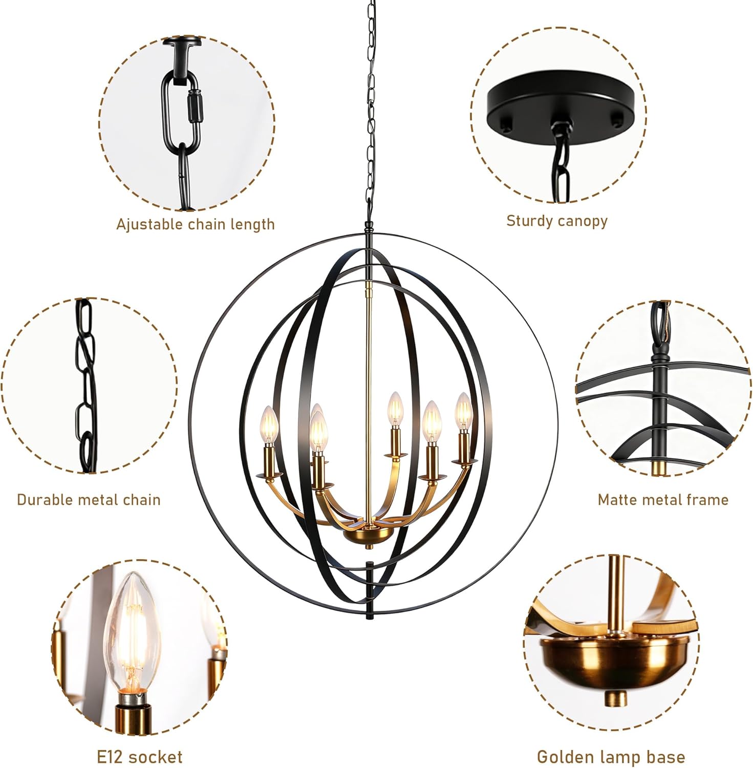 28" Black and Gold Chandelier, Modern Farmhouse Round Chandeliers for Dining Room, Large Foyer Chandeliers for High Ceilings Light Fixture for Hallway Living Room Entryway Bedroom (E12)