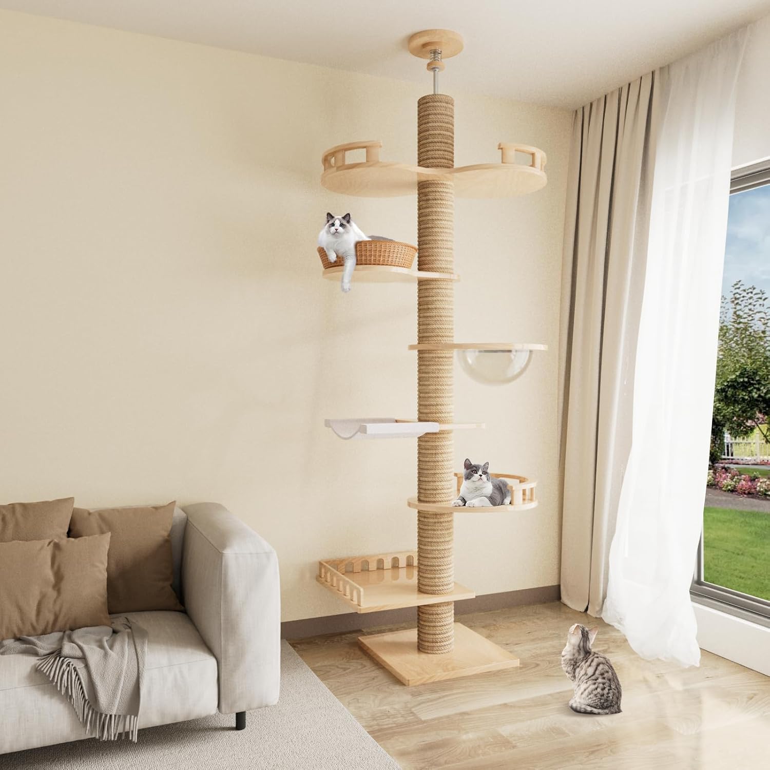 Romiromi 98”-102” Floor to Ceiling Cat Tree, Height Adjustable 7-Tier Ceiling to Floor Cat Tower, Wooden Pet Tree with 6 Sisal Scratching Post for Indoor Cats