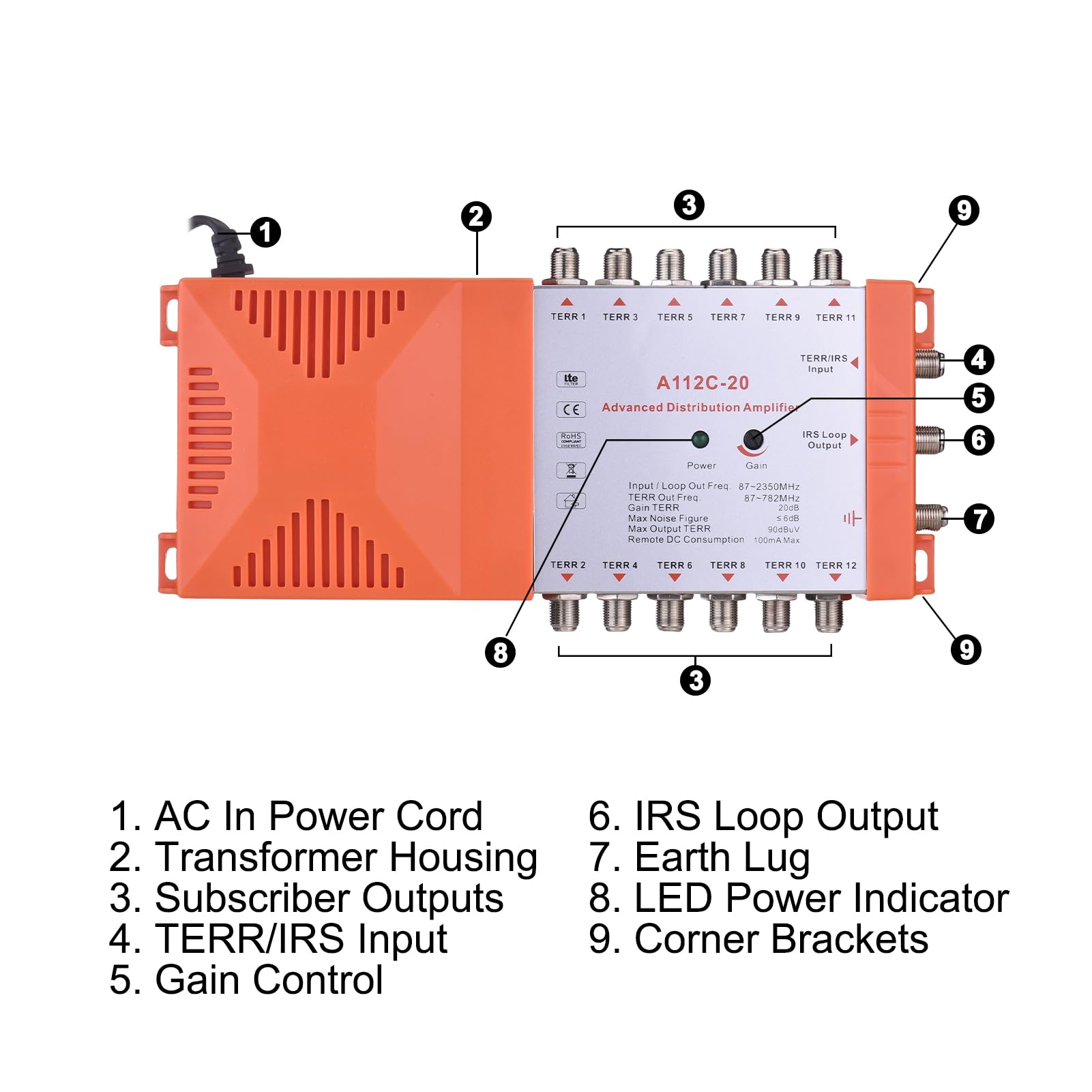 Converter RF Modulador, Amplificador de Distribución de 12 Canales A112C-20 para TV y Radio Terrestres, Amplificador de Señal UHF Audio Video TV Converter Med (Enchufe de la UE 230V)
