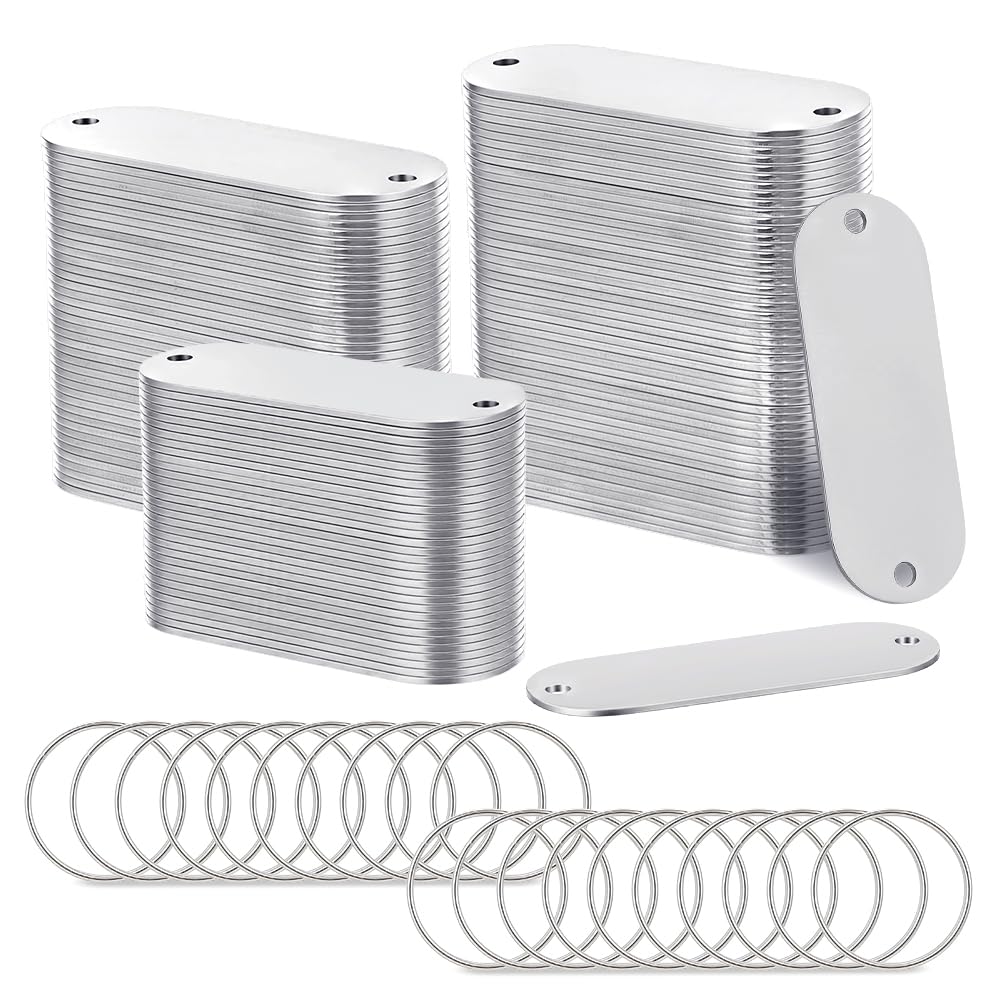 BENECREAT 50Set 51x19mm/2x0.75 inch Stainless Steel Label Blanks Tags, 1mm Thick Metal Stamping Blanks with 2 Holes Keyring for Dog ID Tags and DIY Craft Projects