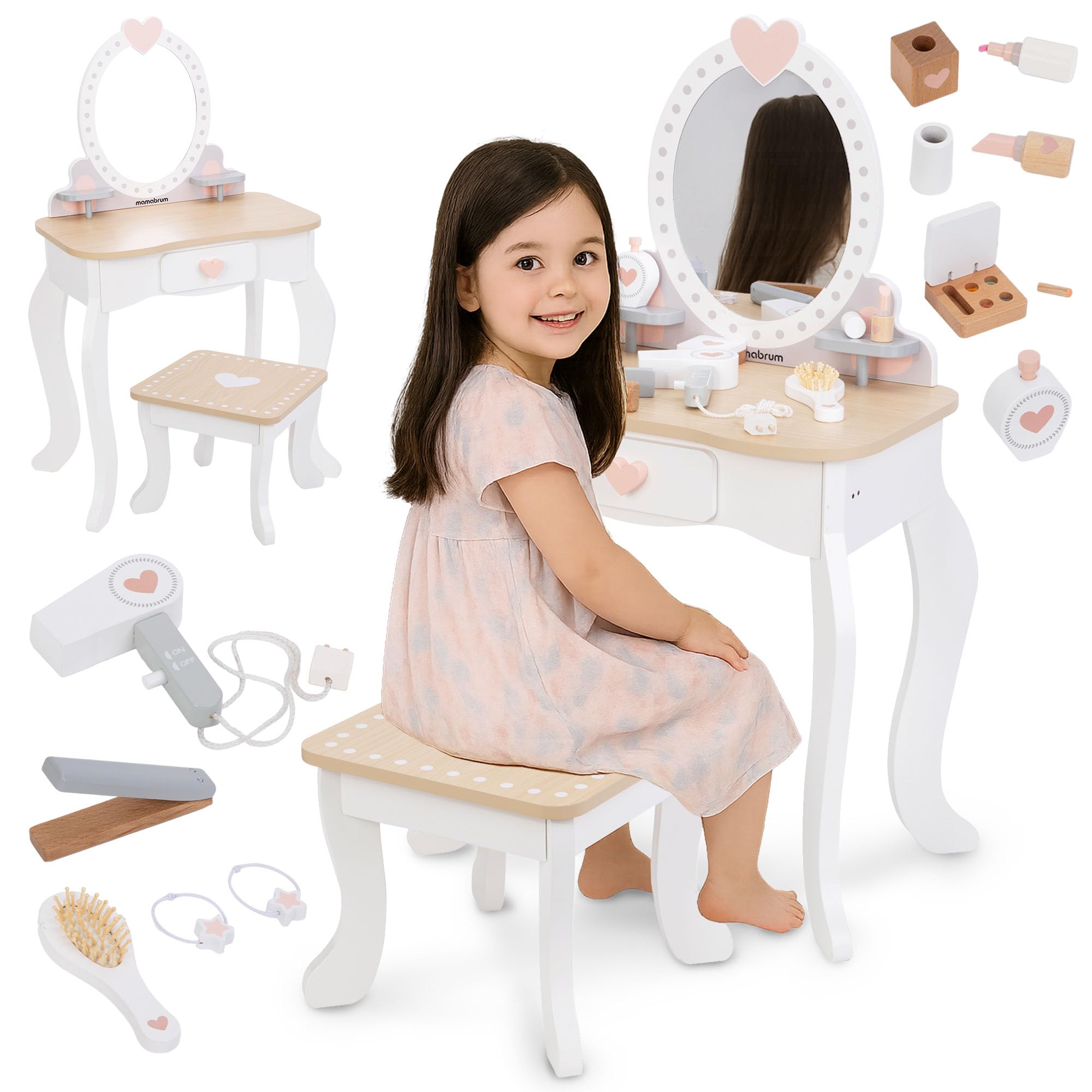 mamabrum Makeup Dreeser - Maquillaje de Madera Dresser para Niñas - Vanidad,Perfume, Esmalte de uñas, Cepillo, Lazos para el Pelo y Mesa de Maquillaje Estación de Maquillaje Niña Pequeña