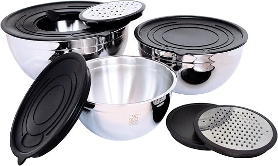 serenk Stainless Steel 9-piece Mixing Bowl Set with Airtight Lids, Nesting Bowls with 2 Graters, Non-slip Silicone Base, Dishwasher Safe, Size 1.42, 2.85, 4.86 QT for Food Storage, Black