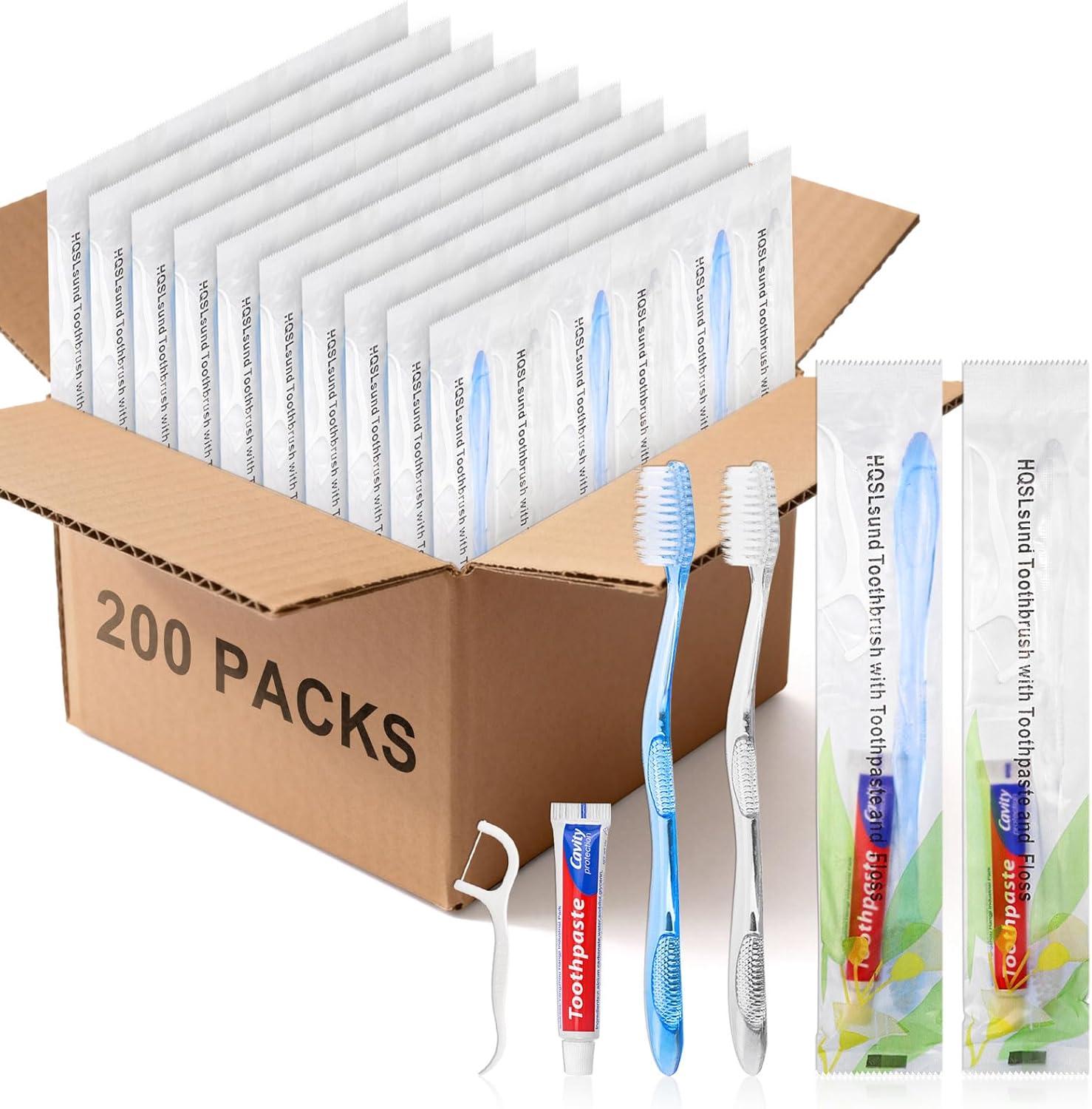 200 pcs Disposable Toothbrushes with Toothpaste Floss Individually Wrapped, 2 Color Toothbrush, 10g Toothpaste, Floss Pick, Bulk Toothbrush for Homeless,Airbnb,Hotel,Guest