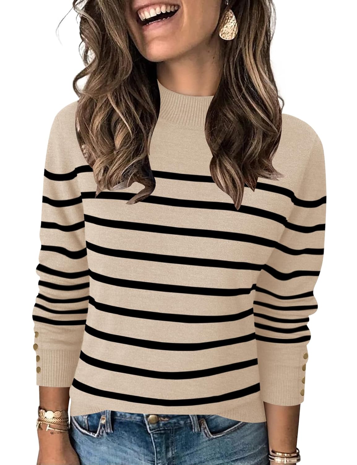 Qirno Womens Mock Neck Long Sleeve Knit Sweaters Turtleneck Casual Lightweight Button Cuffs Fall Pullover Sweater