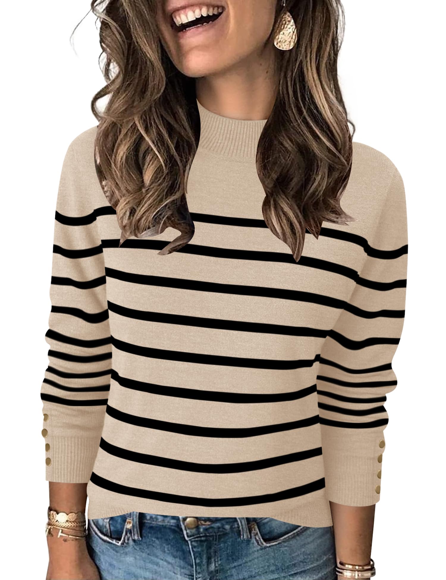 Qirno Womens Mock Neck Long Sleeve Knit Sweaters Turtleneck Casual Lightweight Button Cuffs Fall Pullover Sweater
