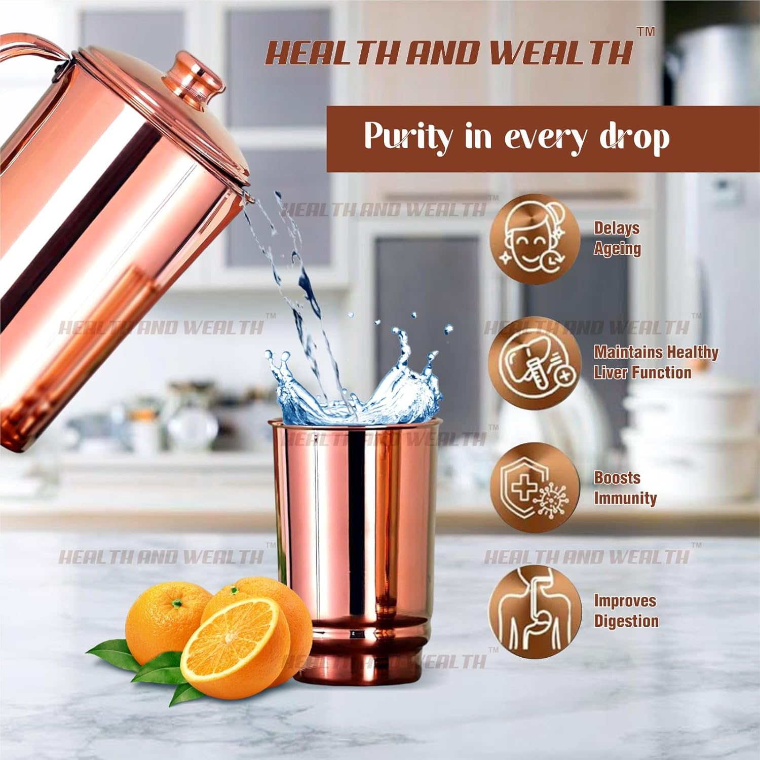 HEALTHANDWEALTH™ Pure Copper Water Jug with 2 Tumblers | 1.5 L Ayurvedic Drinking Water Pitcher | Improves Digestion, Boosts Immunity | Made in India