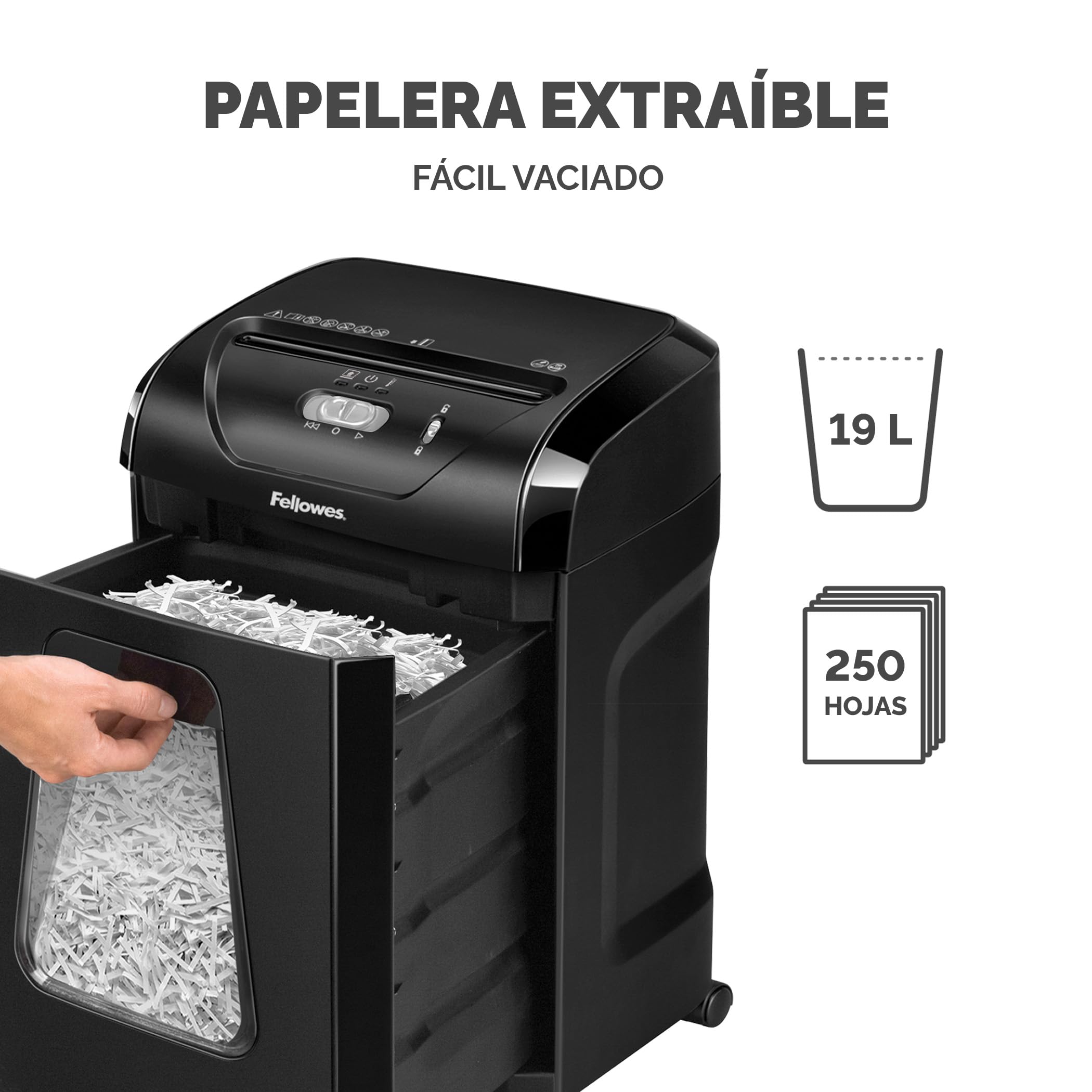 Fellowes Destructora de Papel FS-15C - Uso en Oficina en casa - Trituradora de Corte en partículas, destruye hasta 15 Hojas, Papelera extraíble 19L - Seguridad P4 - Negro
