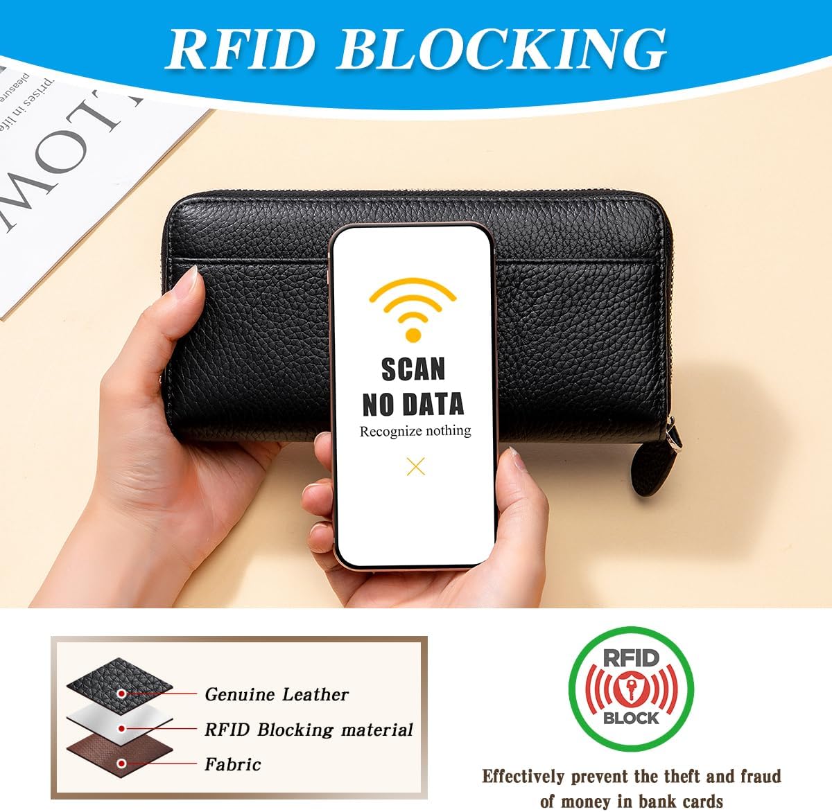 Wallets for Women RFID Blocking Real Leather Extra Long Large Capacity Zipper Clutch Wallet with 18 Card Slots, Black - Image 6