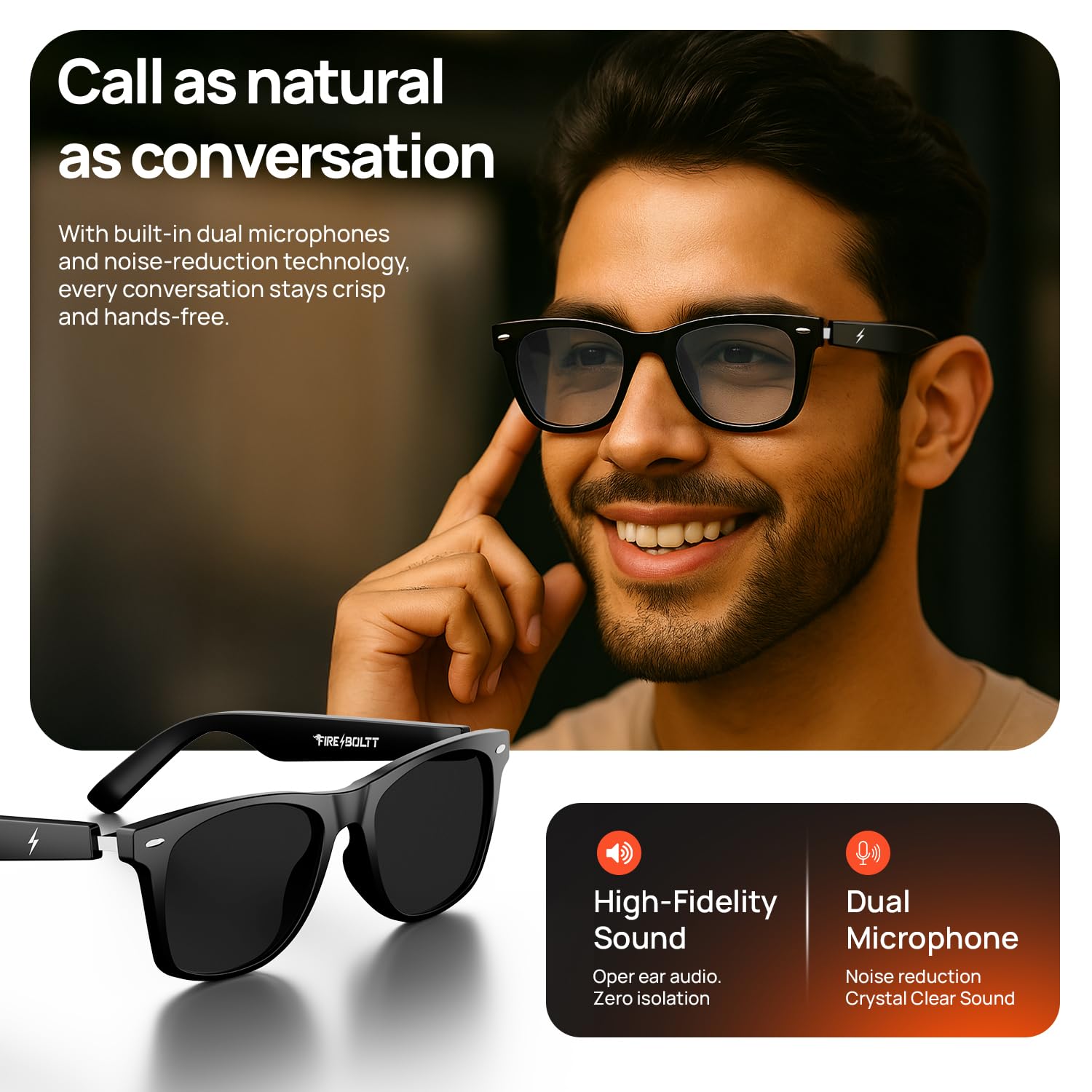 Fire-Boltt Fire-Lens Dune Smart Glasses, Bluetooth Calling & Open-Ear Bluetooth Sunglasses with HD Sound & Smart Audio Touch Controls Voice Assistant (Siri/Alexa/), Fast Charging for Men & Women — Amazon image 6
