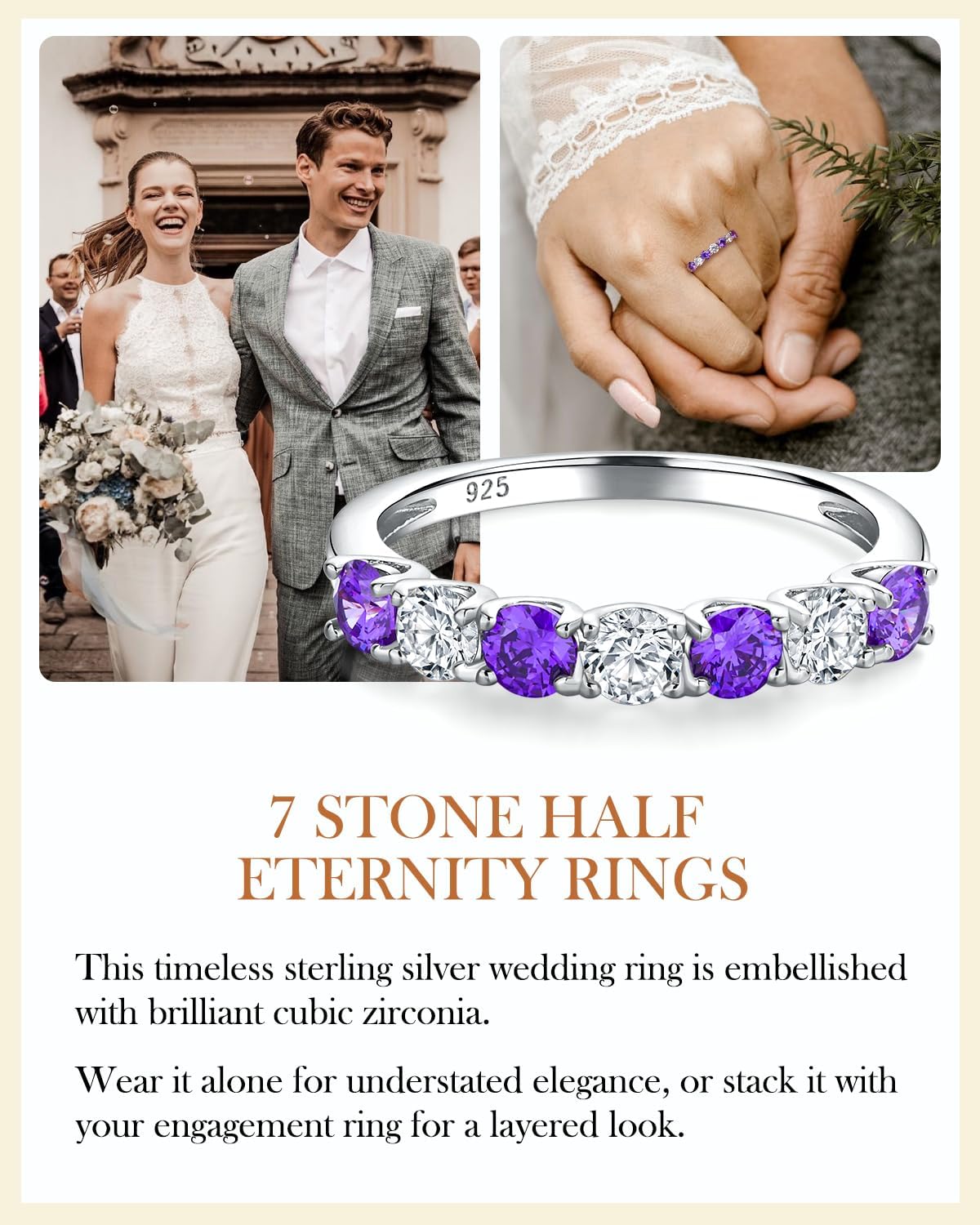 AIBAO Amethyst/Emerald/Ruby/Sapphire Half Eternity Band Rings for Women Sterling Silver Birthstone Stackable Rings Size 6 to 10 Anniversrty Valentines Mother's Day Jewelry Gift with Box - Image 4