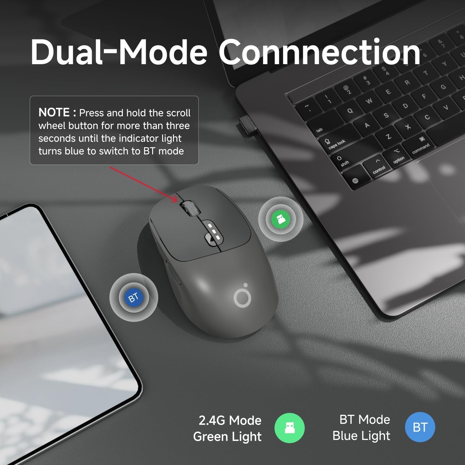 EWEADN Q5 Wireless Mouse showing dual-mode connection with 2.4G (green light) and BT (blue light) indicators.