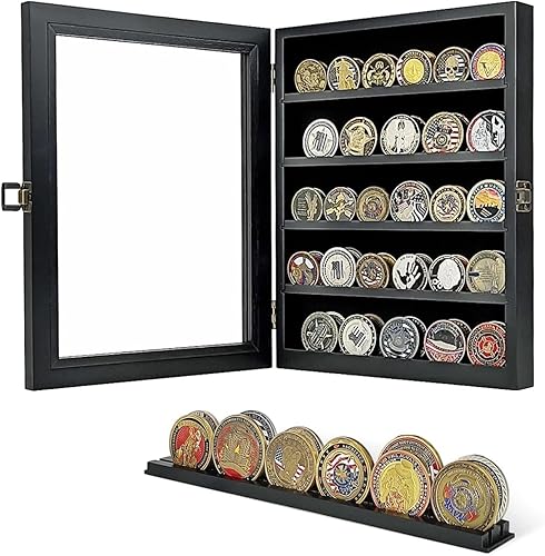 Miniatura 1 de Soporte para monedas de desafío militar de 5 filas con cerradura con estantes extraíbles, soporte de madera militar para monedas, caja de sombra con