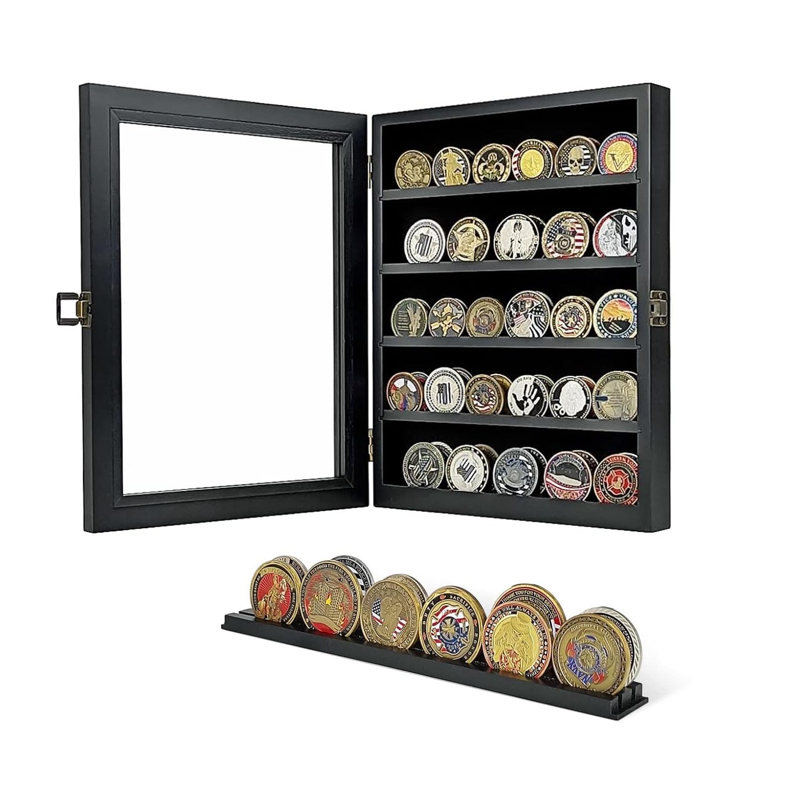 Abschließbare Militärische Münzvitrine,Herausforderung Münze Inhaber,Abnehmbare Regale Holz Militär münzbox Regal Halter Schattenbox Poker-Chip,Sportmünze Sammlerstücke Vitrine
