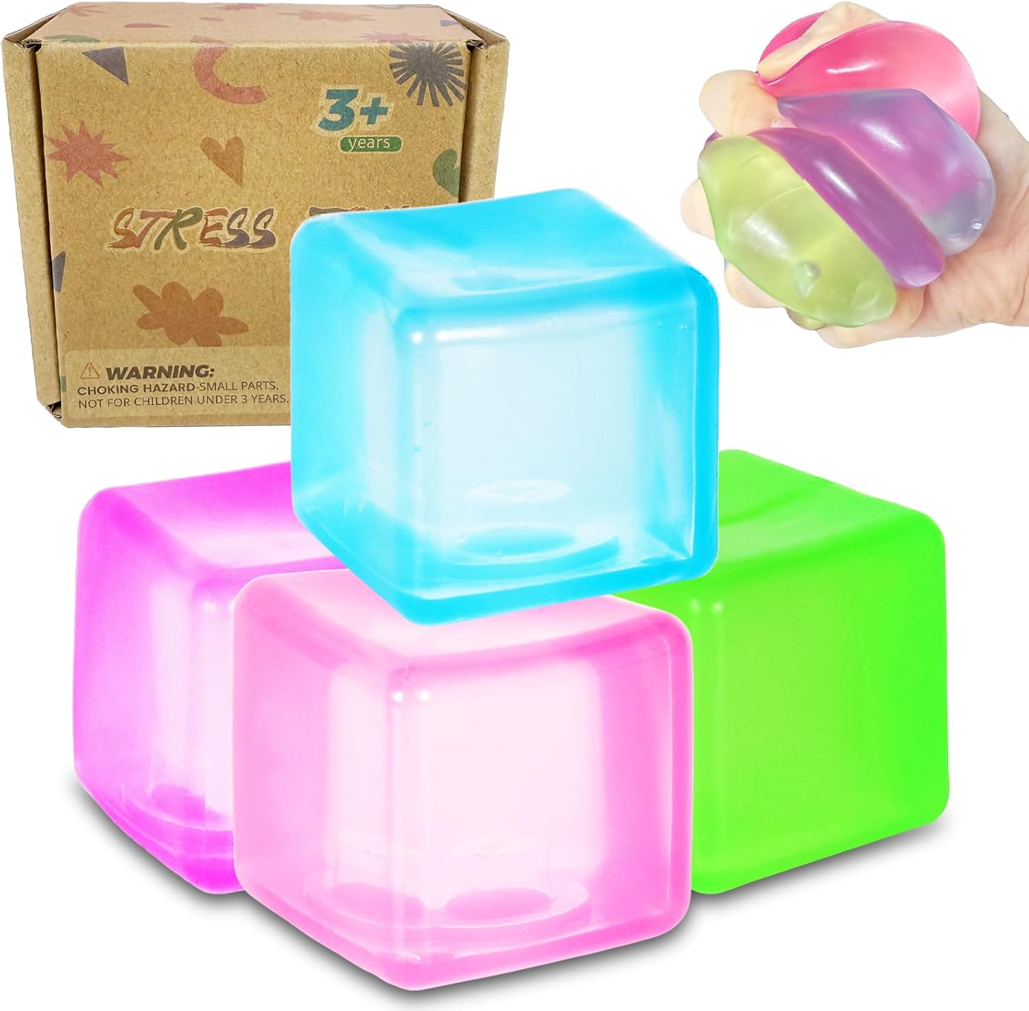 4 Pack ice Cube Stress Ball,Slow Rising Cube Fidget Toys,Squishy Cube for Anxiety Relief Stress Reliever,Stress Relief Toys for Adults Kids Children Teens