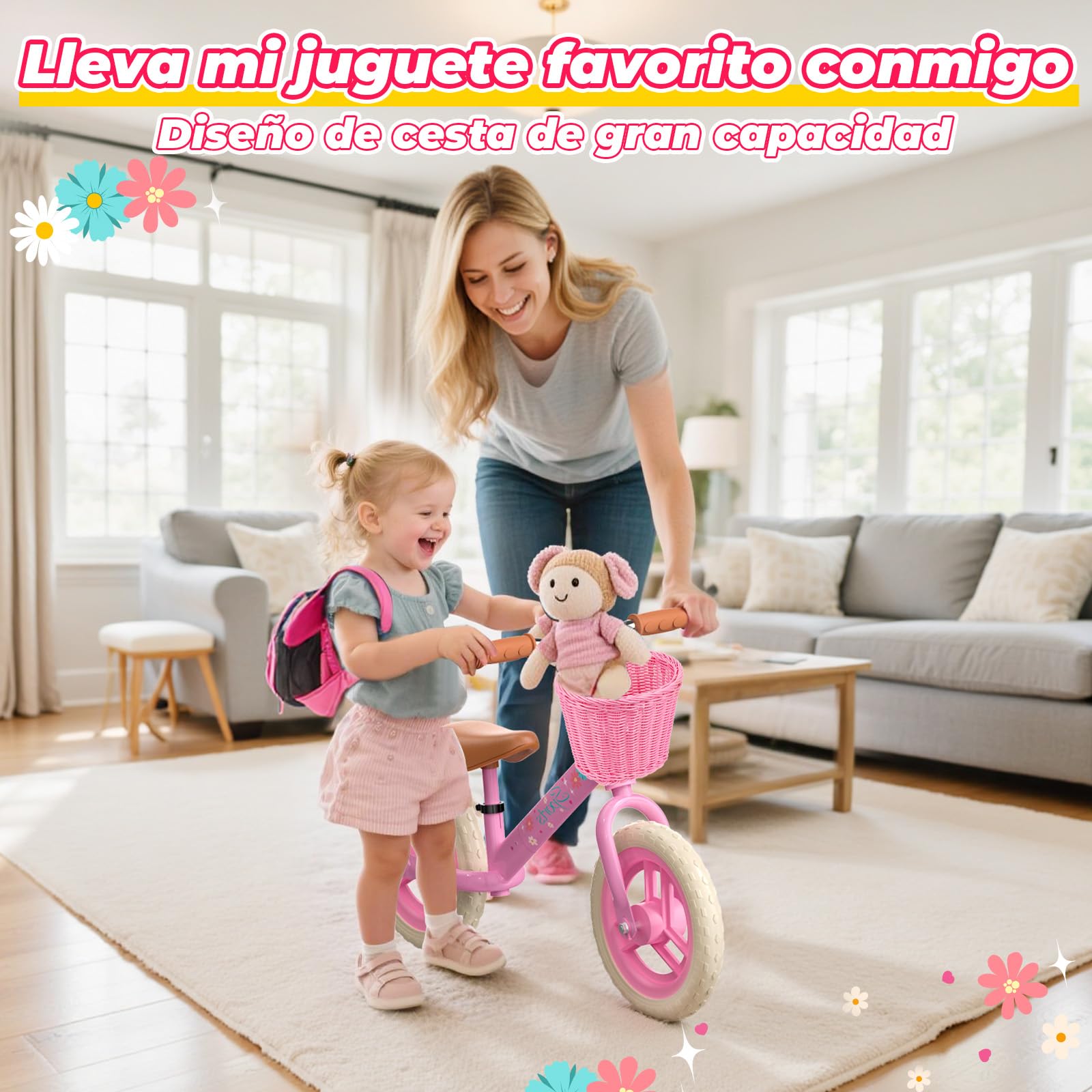 HappyGoLucky Bicicleta Niña 2-5 Anni, Bici Equilibrio Sin Pedales– Ruedas Luminosas/Altura Ajustable/Cesta De Tela, Bicicleta Equilibrio Juguetes Regalo Niños Niñas 2-5 Año Juegos Exterior