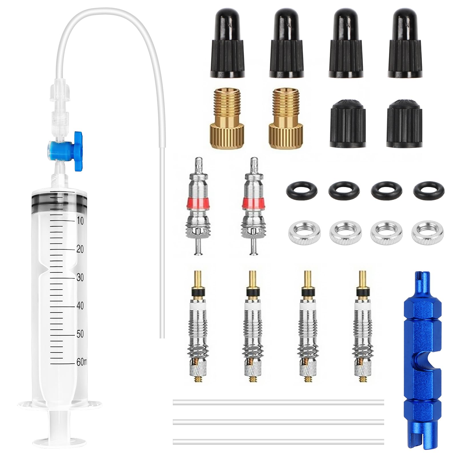 29 Piezas Jeringa para líquido Sellador Tubeless y Herramienta de Extracción de Válvulas Presta Jeringuilla Tubeless Antipinchazos 60ml, Presta Kit Tubeless para Sellante, MTB, Bicicleta