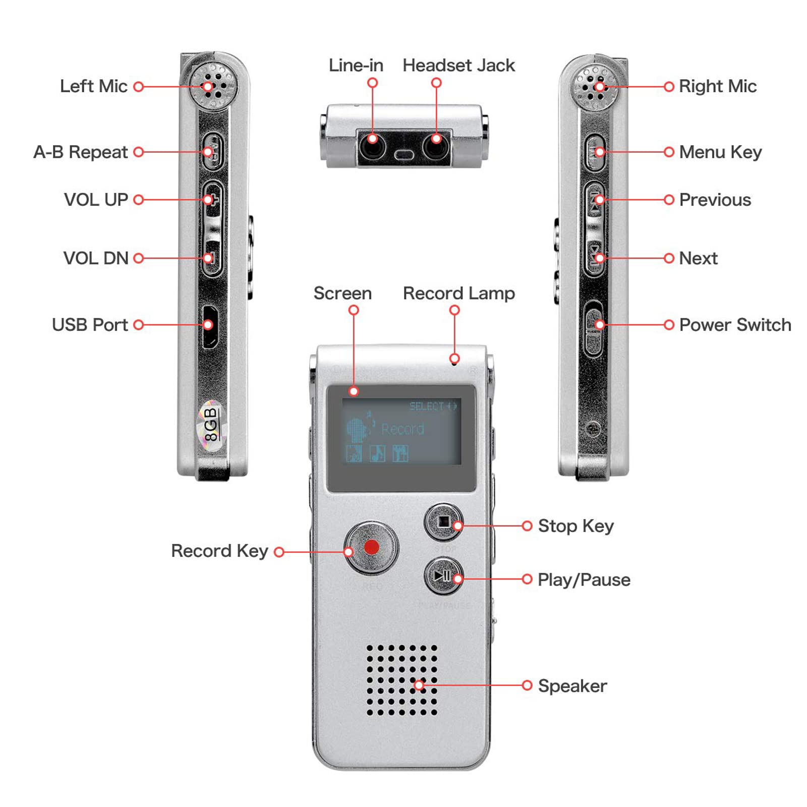 Lychee Professionale Registratore Vocale Digitale Portatile, 1536kbps,8 GB Multifunzionale USB Digital Audio Voice Recorder con Lettore MP3 (Argento)