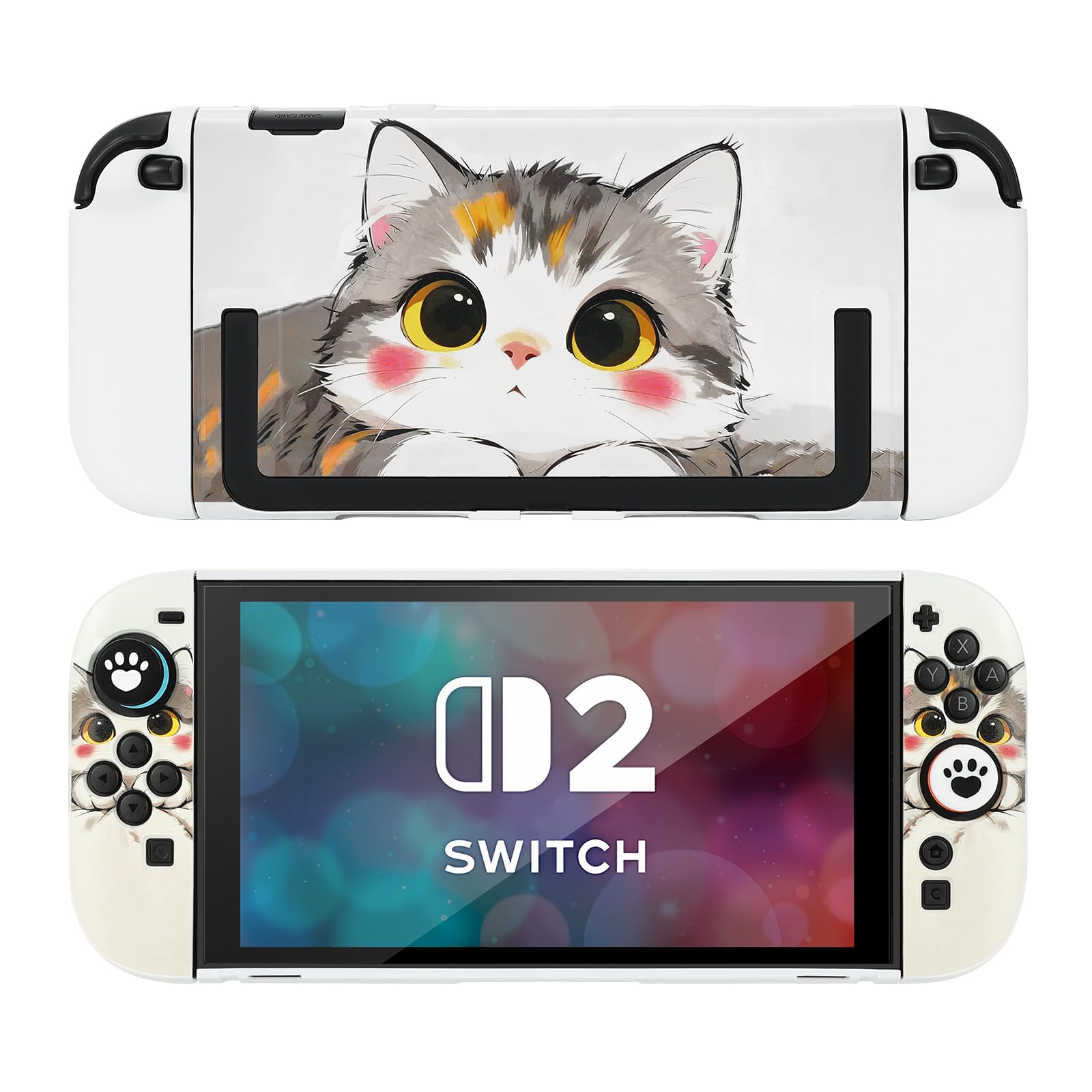 DLseego Schutzhülle für Switch 2,Andockbare,Kratzfeste Hartschale mit Niedlichem Katzenmuster,Stoßdämpfende Schutzhülle mit 2 Weichen Griffabdeckungen und 4 Daumengriffkappen,Weiß