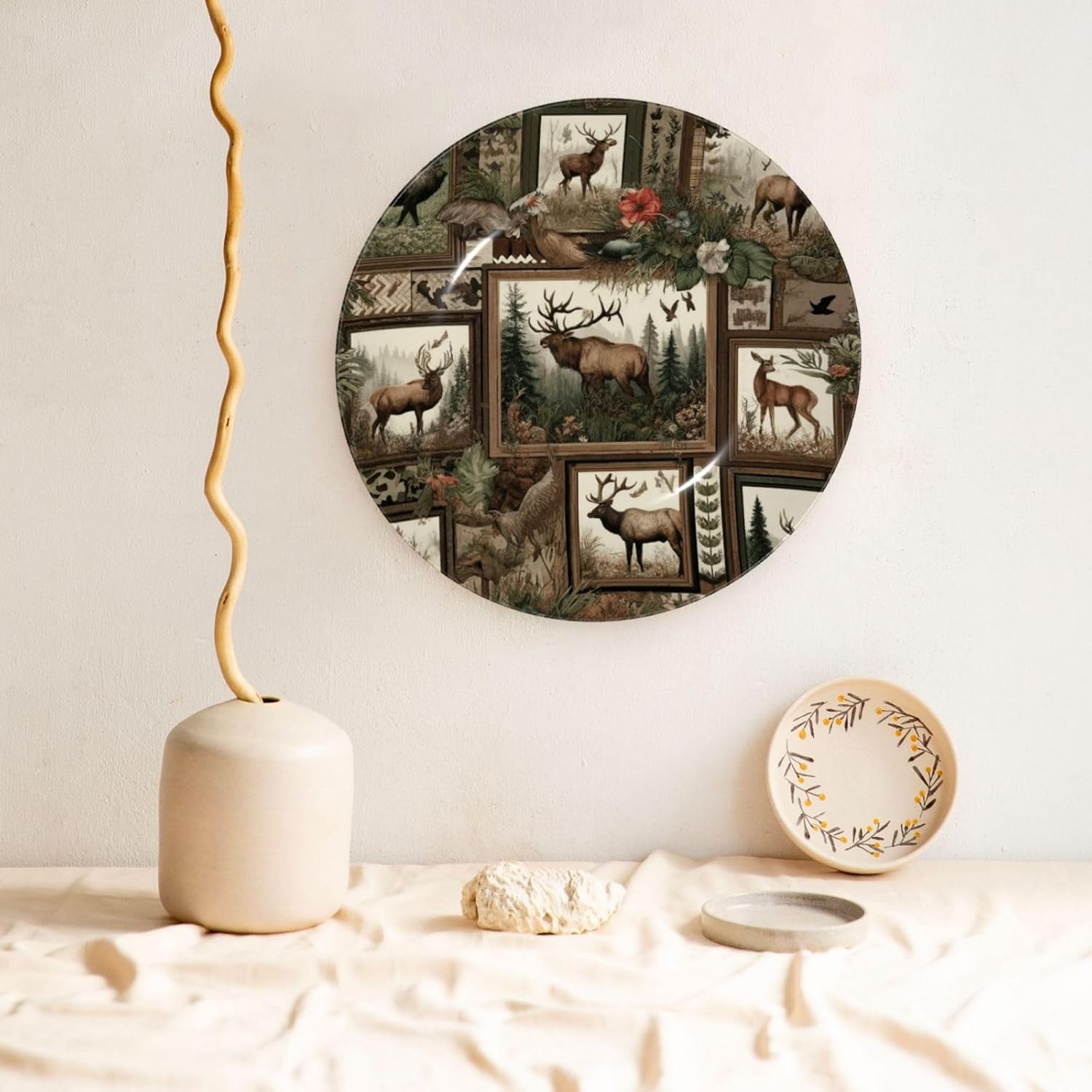 Elk-Forest-Deer-Floral 10 Inch Decorative Plate With Stand, Elegant Display Wall Plate For Home Decor