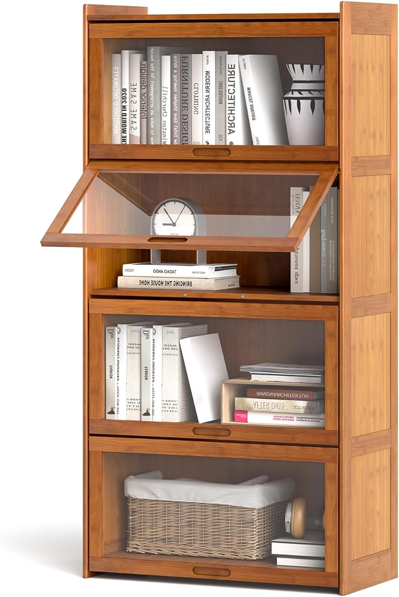 COSTWAY 4-Tier Bookcase, 140cm Bamboo Bookshelf with See-through Acrylic Doors, Freestanding Cube Organizer Display Cabinet for Study Room, Living Room and Bedroom (Brown)