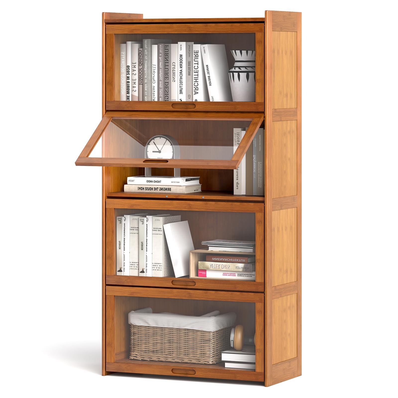 COSTWAY Librería de 4 Niveles, Estantería para Libros con Puertas Acrílicas Transparentes, Organizador de Cubos Independiente para Sala de Estar, Dormitorio, Estudio, 69 x 34 x 140 cm (Marrón)