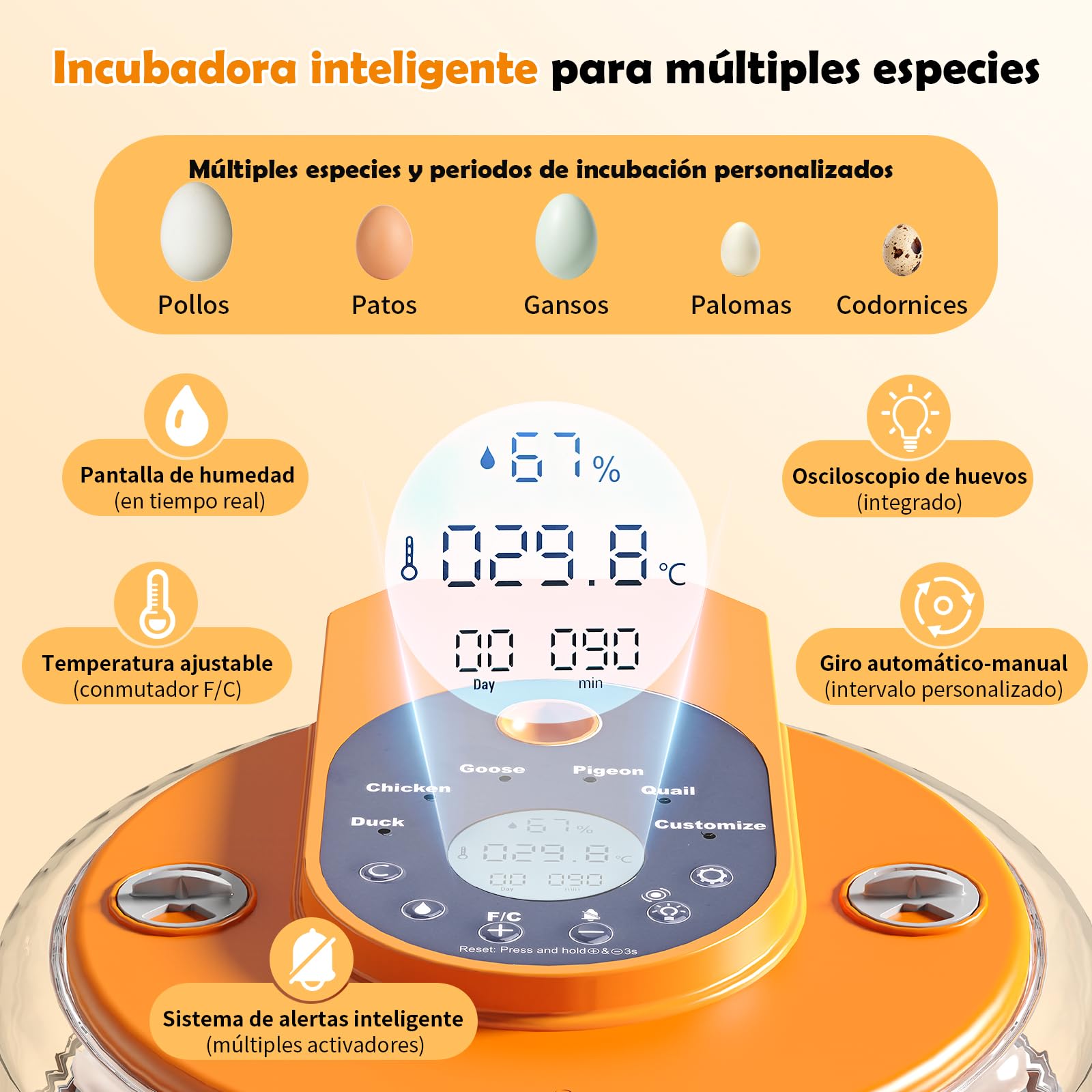 Incubadora Automática para 15 Huevos, Modelo Mejorado con Volteo Automático, Control de Humedad y Temperatura, y Luz de Mira para Patos, Gallinas, Gansos, Palomas y Codornices