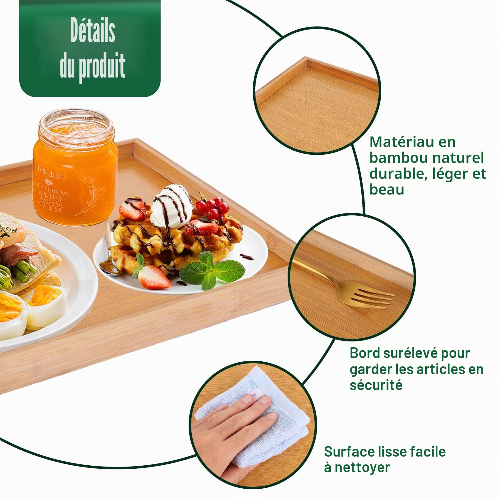 MIVIDE Lot de 4 Plateaux de Service Rectangulaires en Bois de Bambou 37 x 26 x 2.5 cm - Plateau Repas Bois, Plateau Service pour Petit Déjeuner, Thé, Table Basse, Boissons