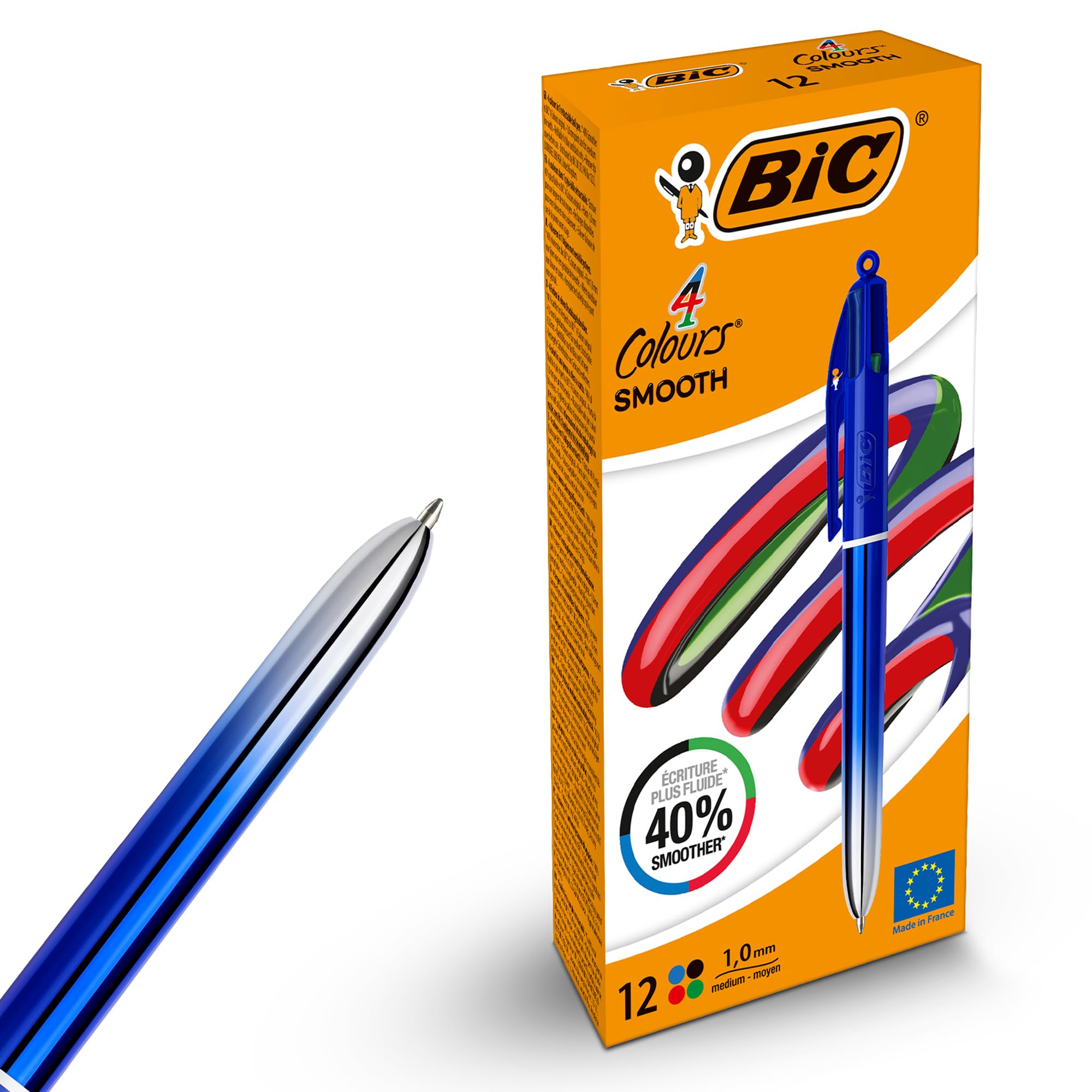 BIC Lot de 12 stylos à 4 couleurs lisses dégradées rétractables avec quatre encres vives assorties pour l'école, le bureau et le codage couleur