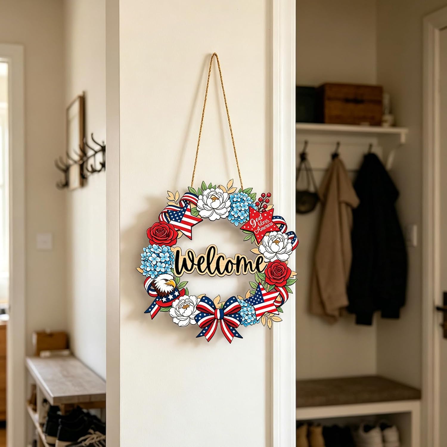 4th of July Decorations Decorations Patriotic Decorations Welcome Sign Patriotic Wreaths For Front Door Fourth of July American Flag Wall Art For Patriots Neighbors Friend Memorial Day Wreaths