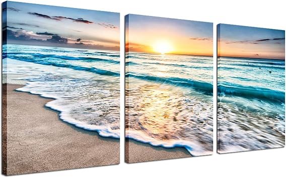 Beach Decor Framed Wall Art - 3 Panel Sea Wave Sunset Poster Canvas Print Home Office Decorations for Living Room Seascape Modern Artwork Ocean Painting Pictures for Bedroom Ready to Hang 12''x16''