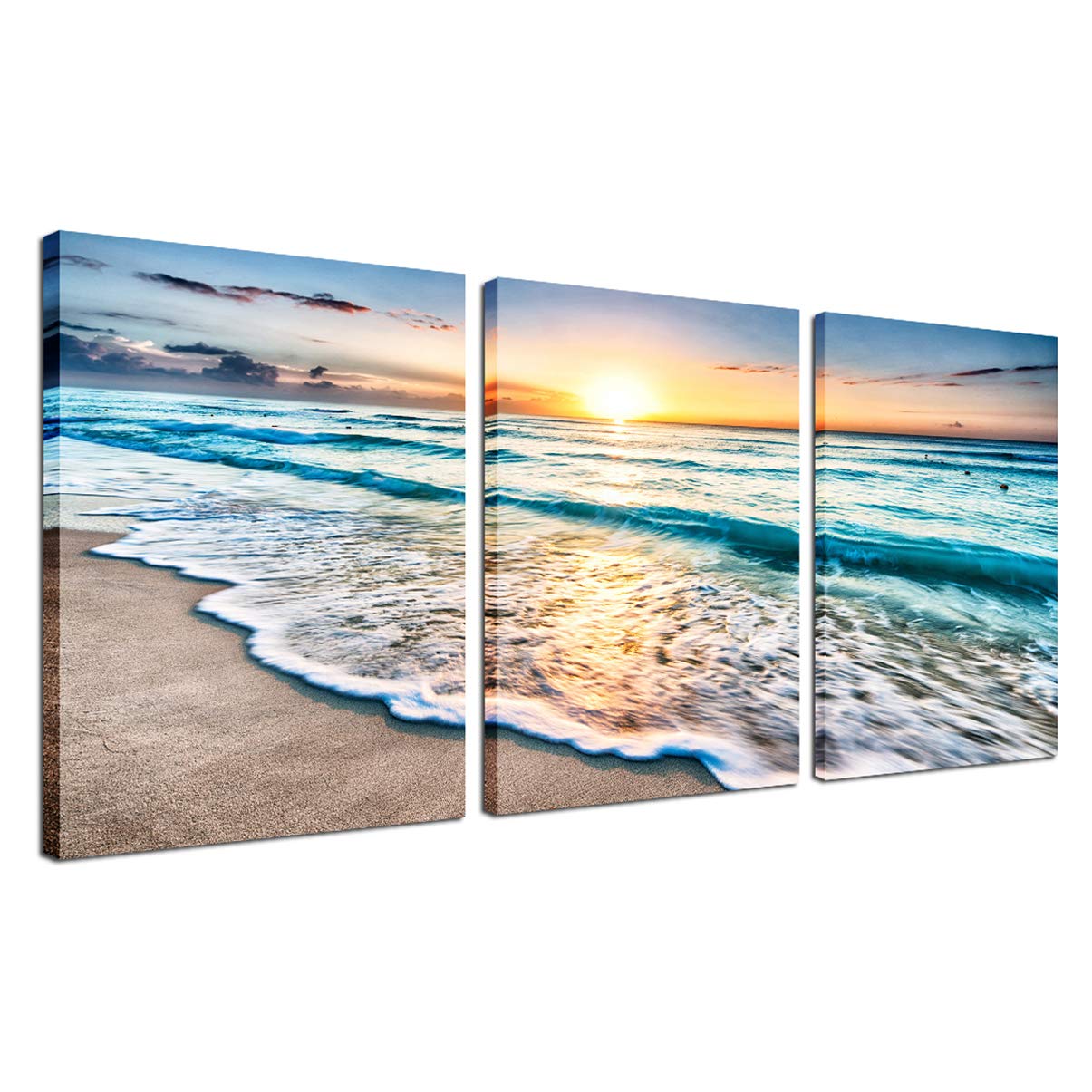 Arte de pared enmarcado para decoración de playa, 3 paneles de olas de mar, atardecer, lienzo impreso, decoración para el hogar, oficina, sala de estar, paisaje marino, arte moderno, pintura del