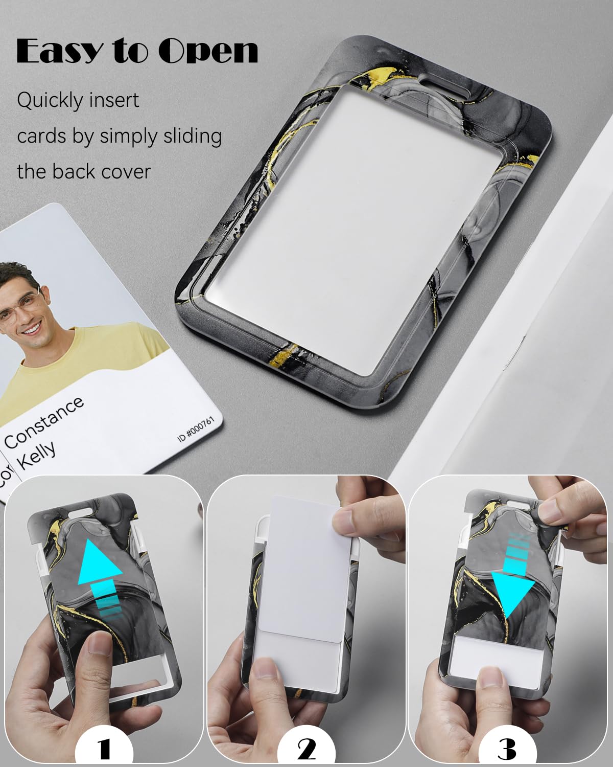 Uniclife Marbling Sliding Badge Holder Blackish Gray Marble Pattern Plastic Card Holder with Retractable Badge Reel Carabiner Detachable Lanyard Vertical Card Protector for Office Worker Student - Image 3